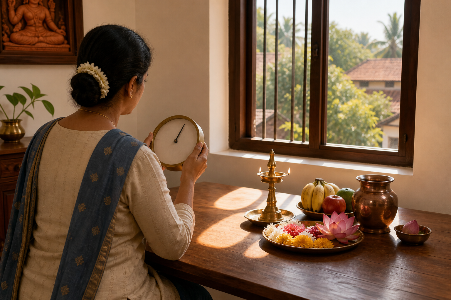 A devotee checks an unlabeled analog clock before arranging a diya, flowers, fruit, and a copper vessel for a household observance.