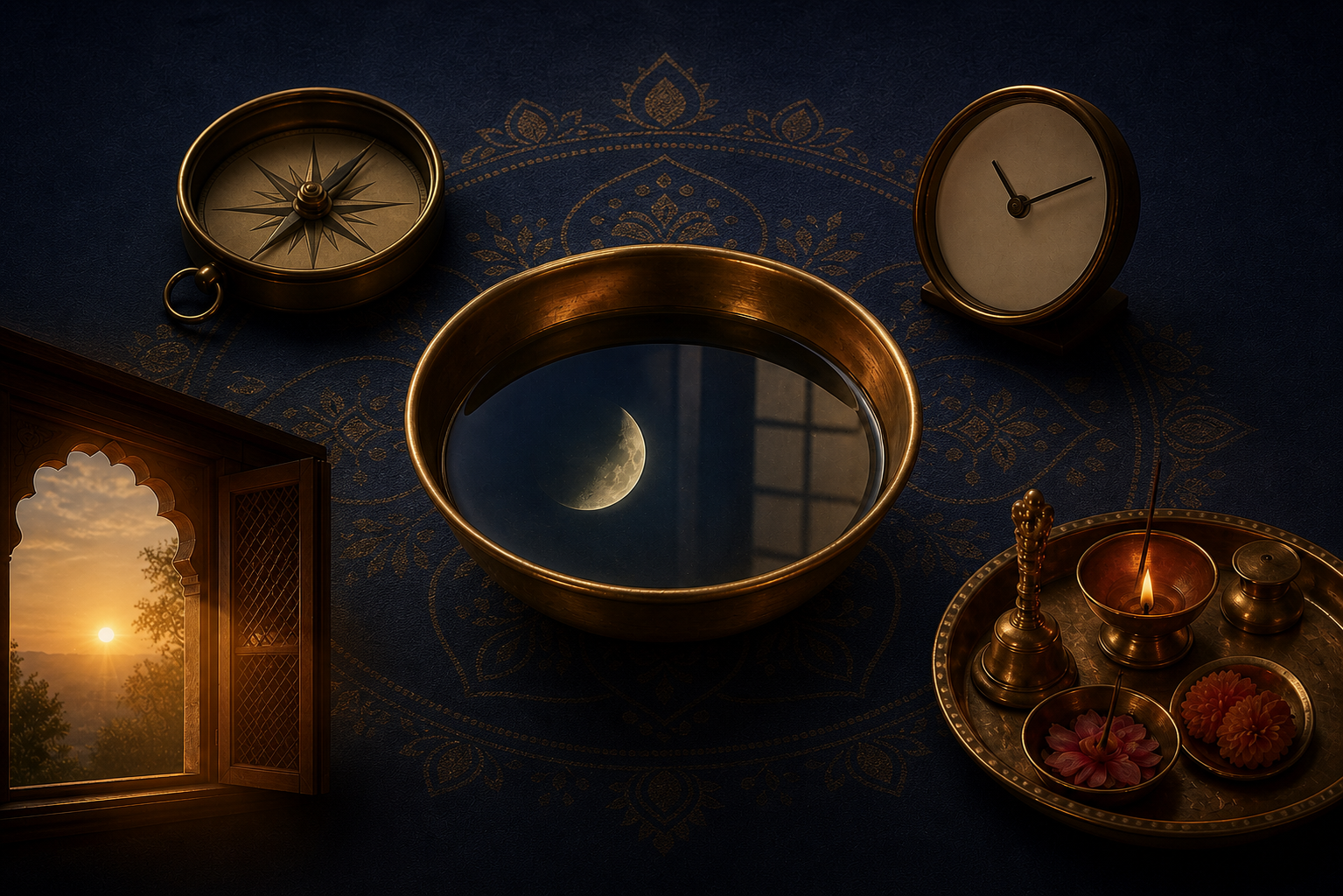 A brass bowl reflecting a waning moon is surrounded by a compass, an analog clock, a sunlit window, and a puja tray.