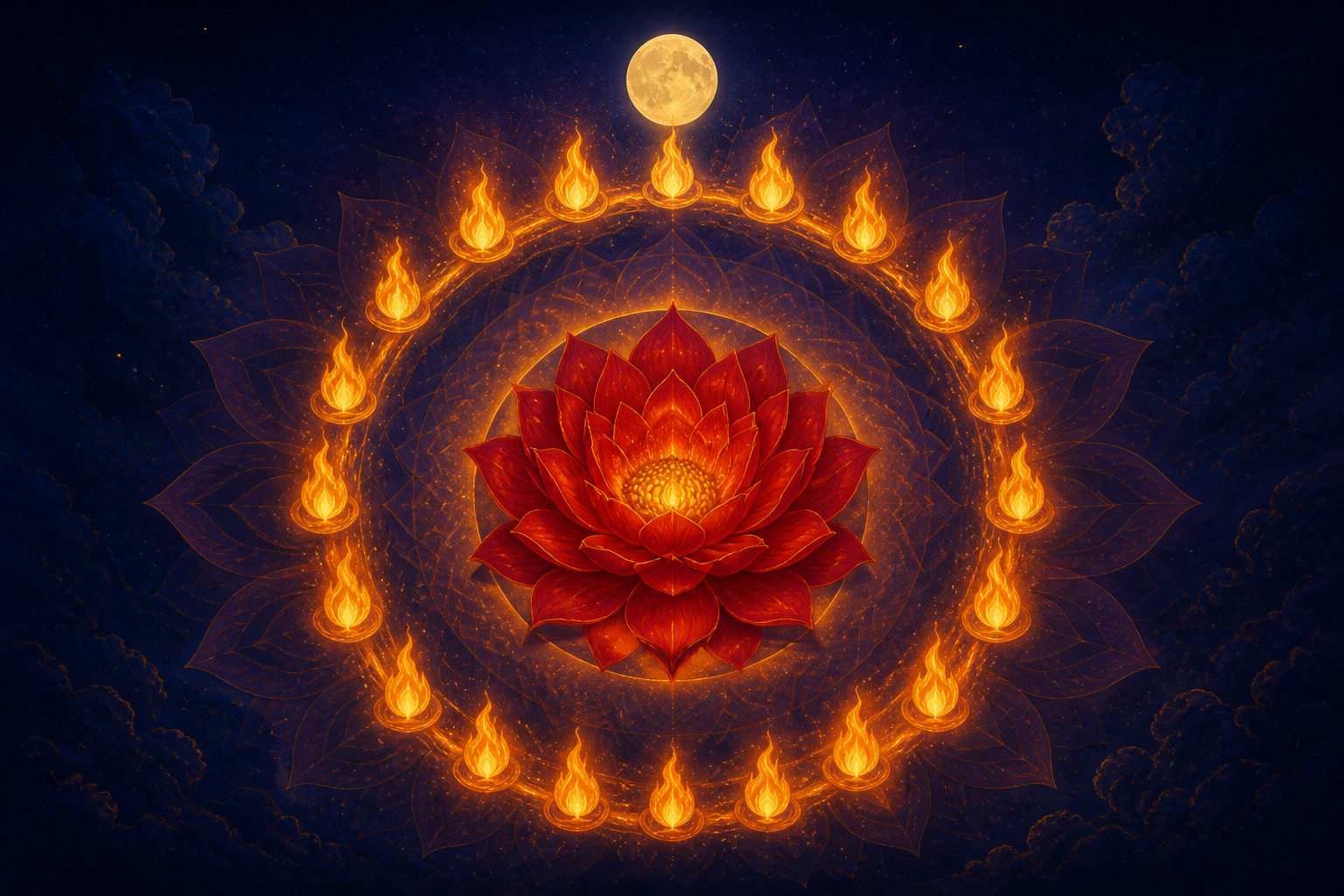 A crimson lotus encircled by a garland of golden flames beneath a nearly full moon in an indigo sky.