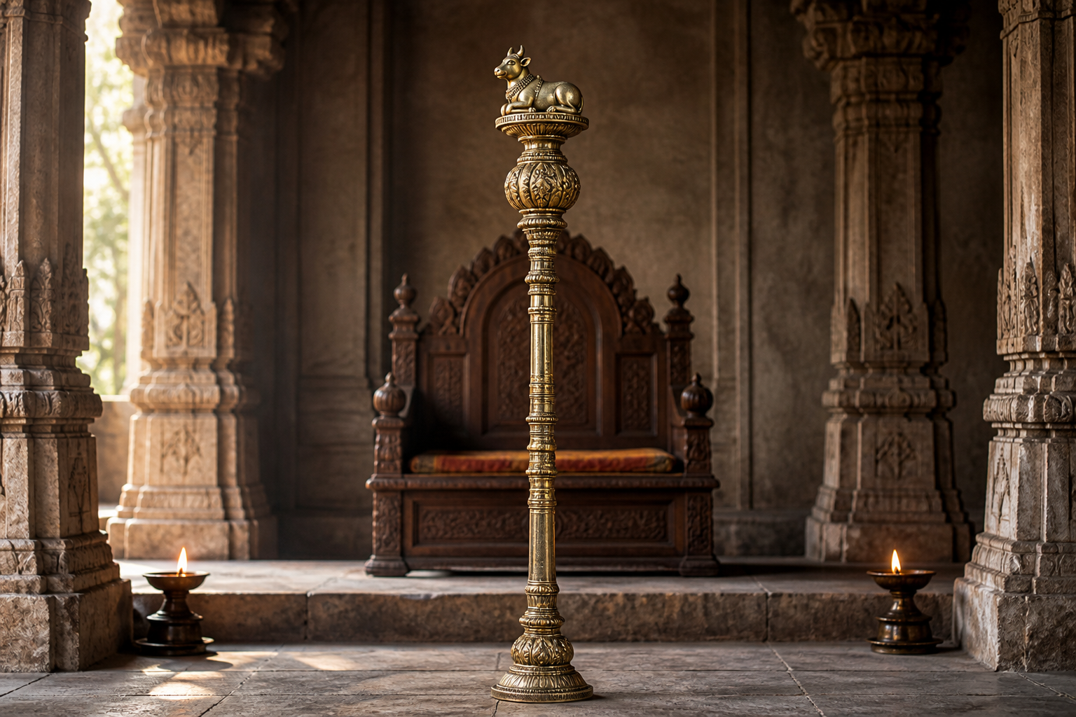 A gold-toned ceremonial scepter with a recumbent bull finial stands in a stone hall before an empty wooden throne and two oil lamps.