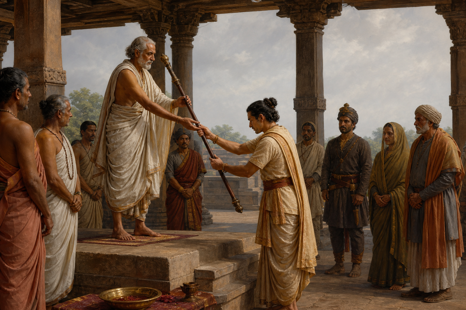 A ruler standing in a pillared court receives a long ceremonial staff from an elderly officiant as ministers, guards, and community representatives observe.