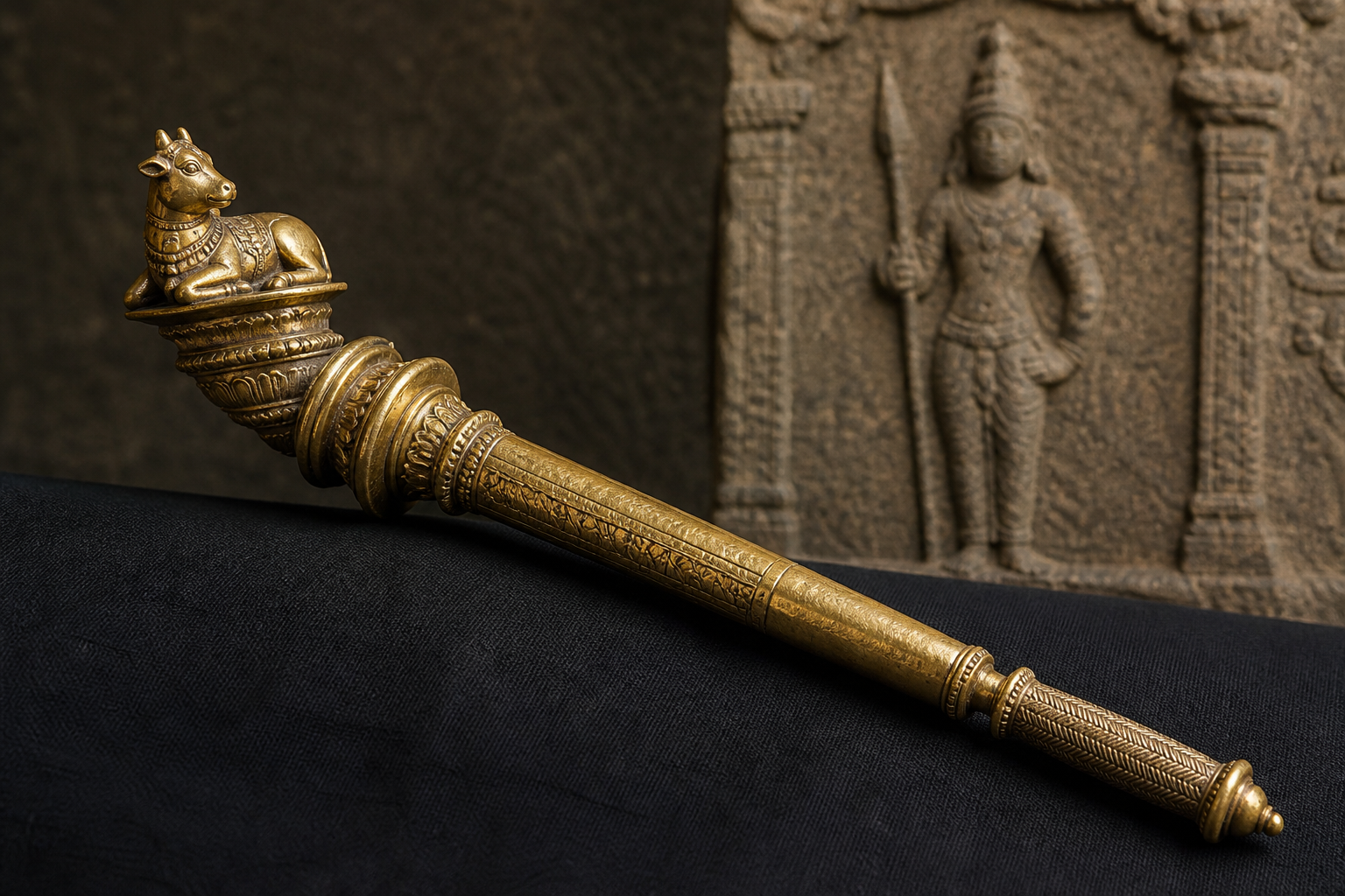 A decorated ceremonial scepter with a recumbent bull finial rests on dark cloth beside a blurred stone relief of a figure holding a staff.