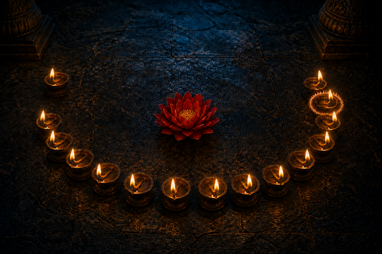Fifteen bronze oil lamps curve around a red lotus, with the penultimate lamp surrounded by a brighter wreath of flame.