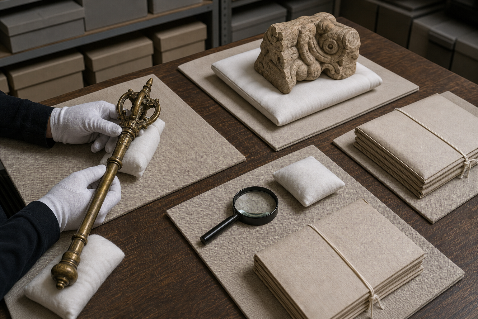 A gloved curator examines a ceremonial scepter and a stone sculpture fragment on a conservation table with archival bundles and tools.