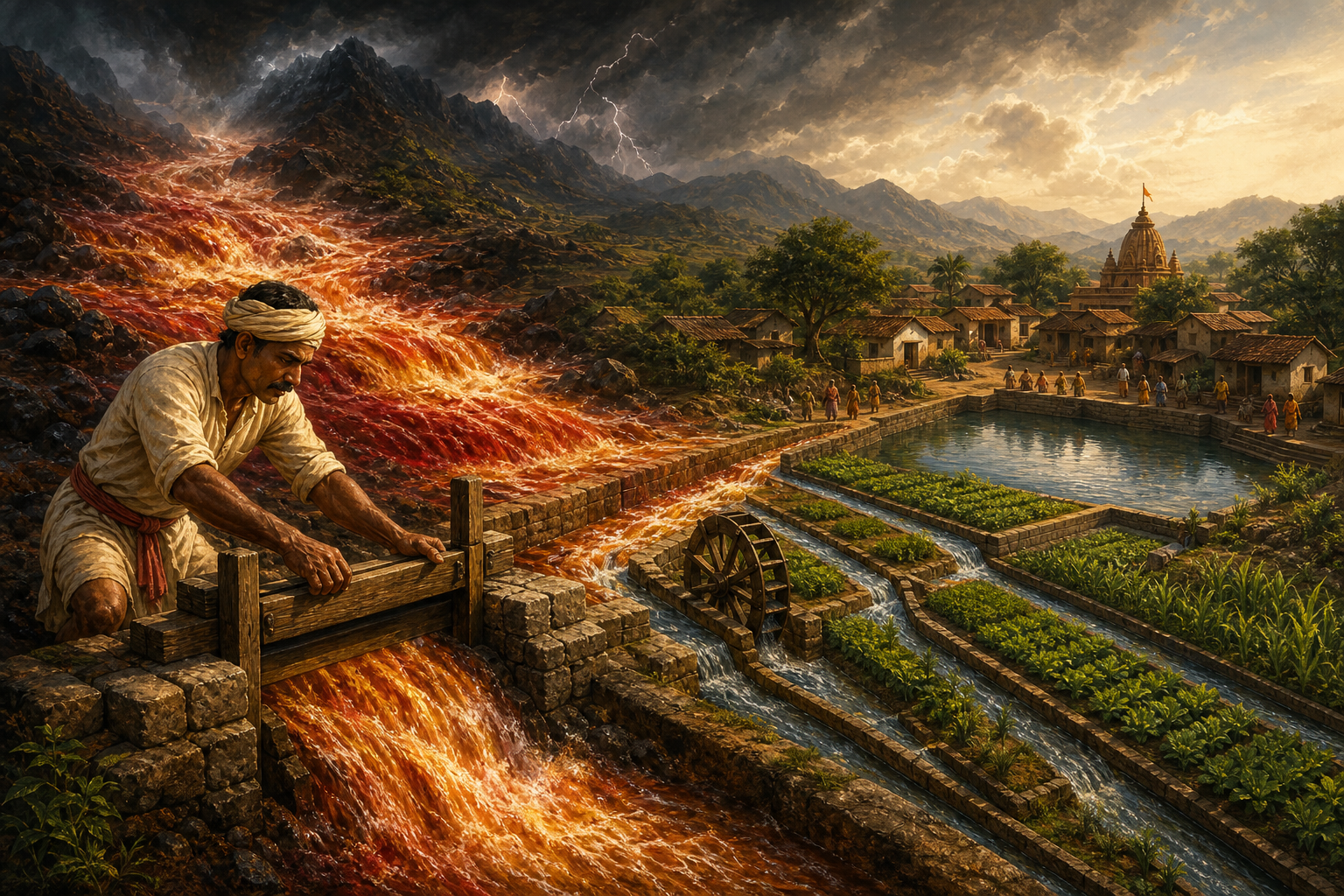 A community worker guides a turbulent mountain torrent through a sluice into channels that power a waterwheel, irrigate fields, and fill a reservoir.