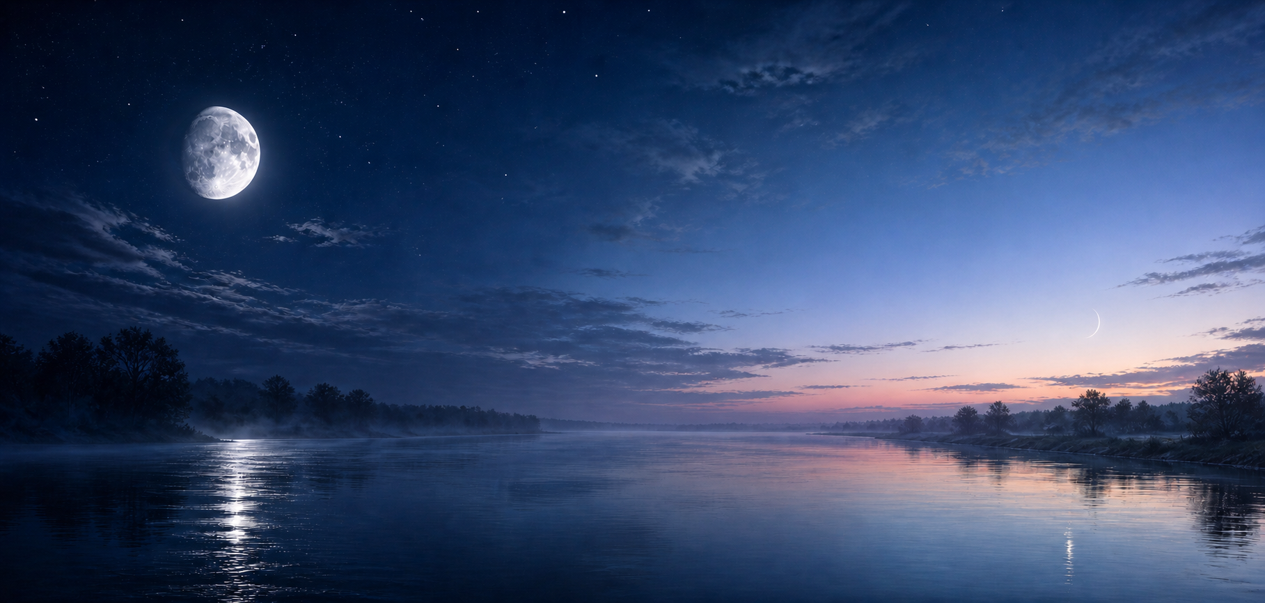 A panoramic night landscape transitions from a nearly full moon over water to a thin waning crescent before dawn.