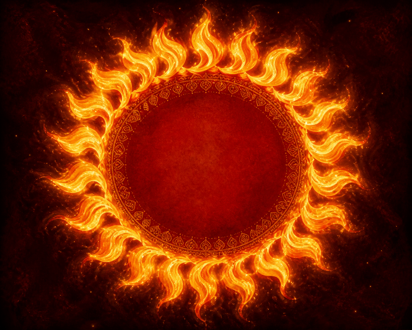 Individual tongues of golden and red flame join to form a circular garland against a dark maroon background.