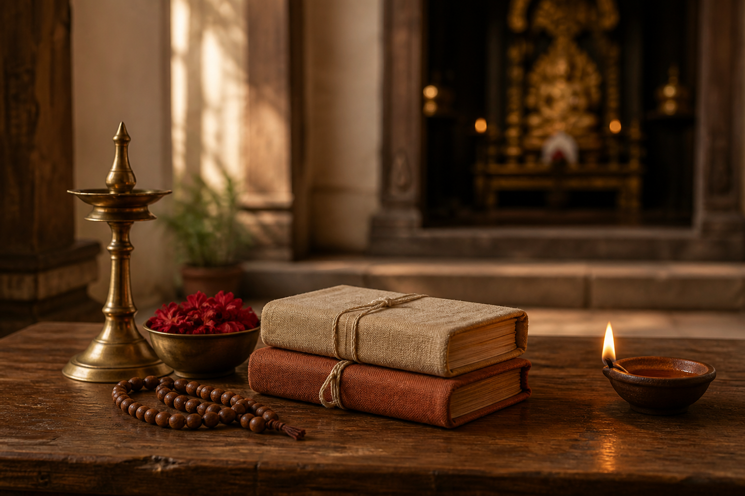 A low wooden table holds a lit oil lamp, prayer beads, red flowers, and closed cloth-wrapped volumes near a softly blurred shrine threshold.