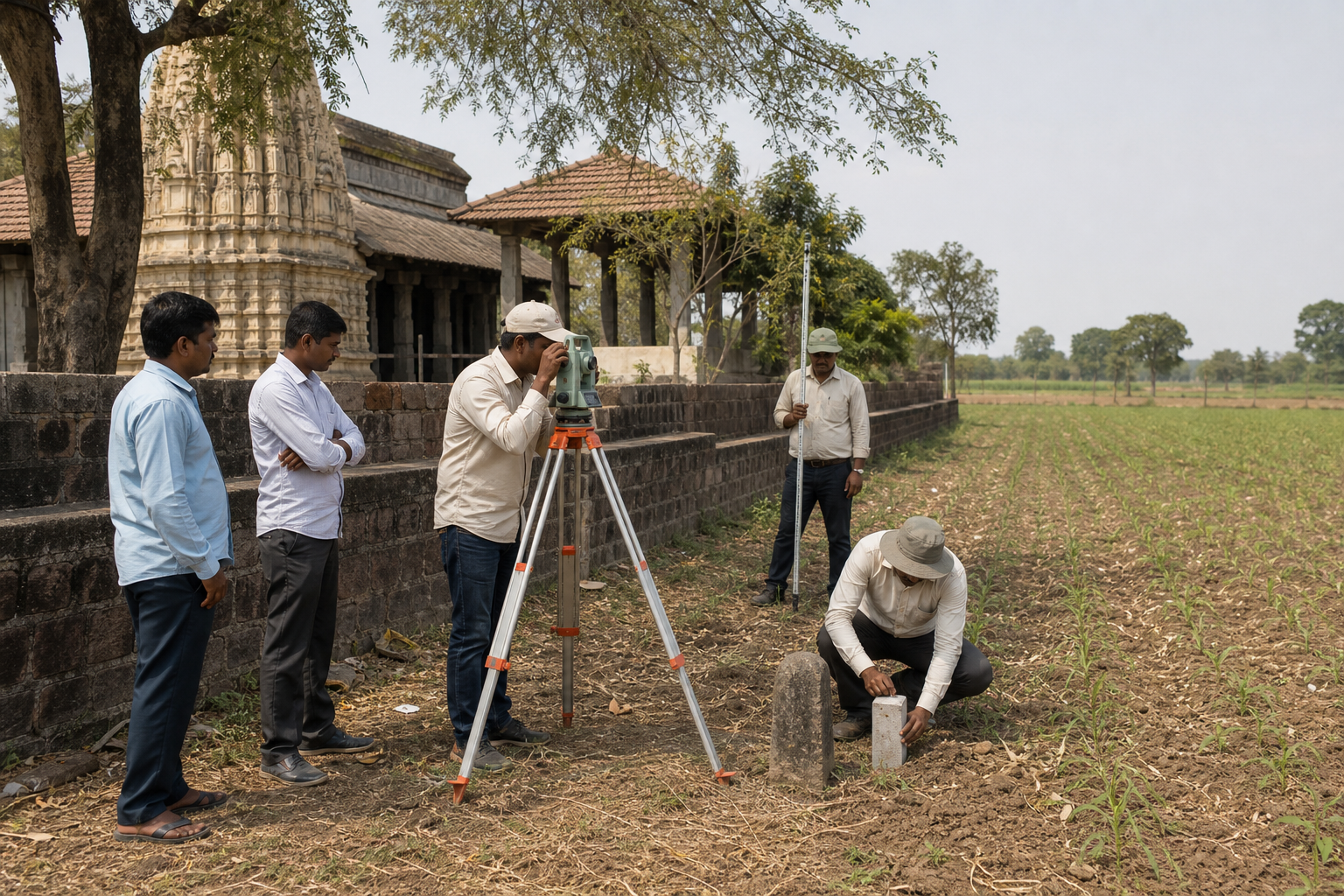 Surveyors and temple administrators inspect boundary markers beside a temple compound and adjoining farmland.