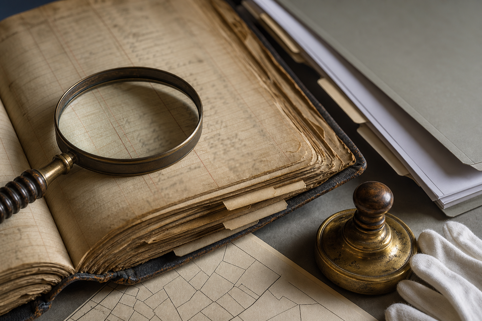 An old land ledger, a newer file, a magnifying glass, and an unlabeled parcel map are arranged on an archive table.