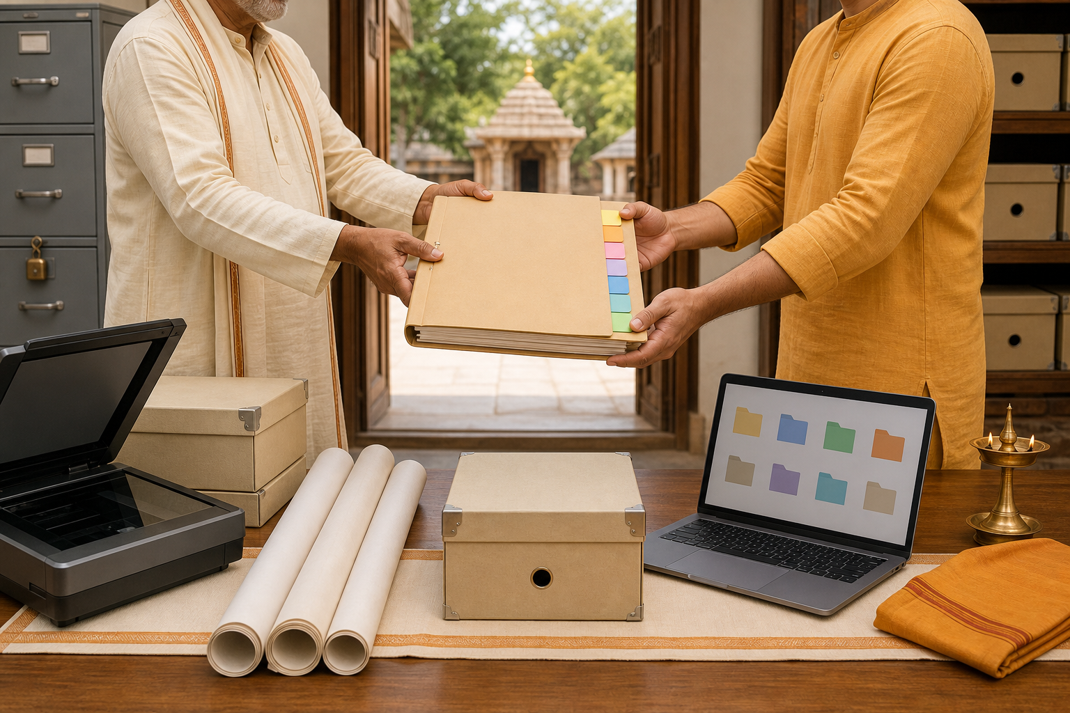 Temple caretakers transfer an organized property file at a table equipped with archive boxes, plans, a scanner, and secure storage.