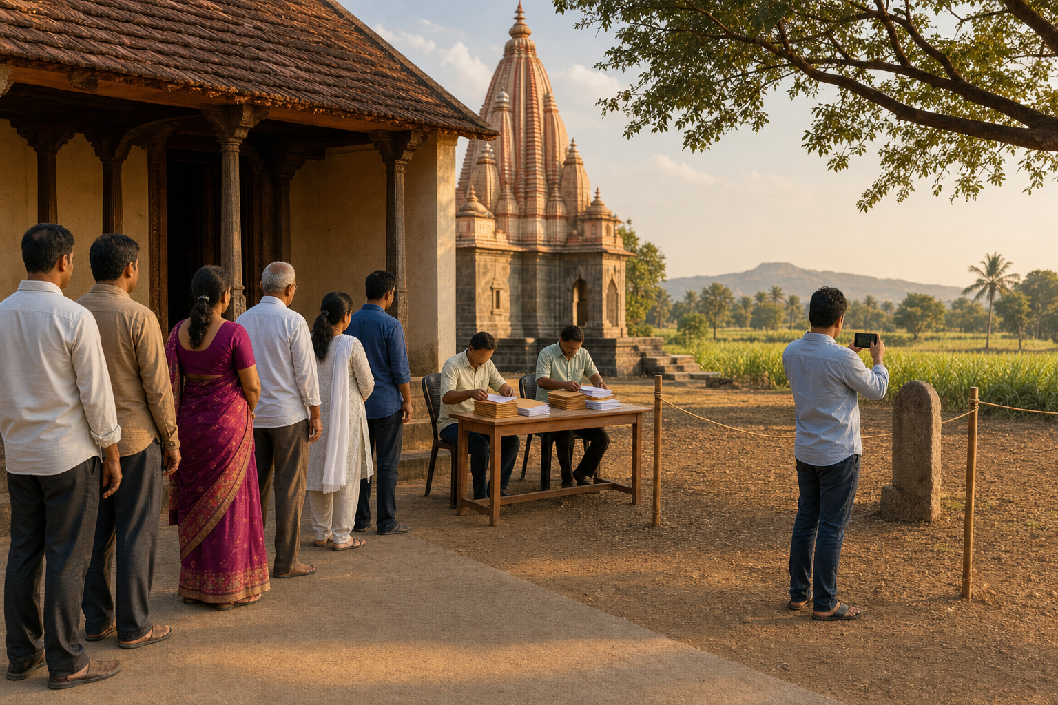 Devotees wait calmly near a temple office while volunteers organize document copies and record a boundary marker from a public path.