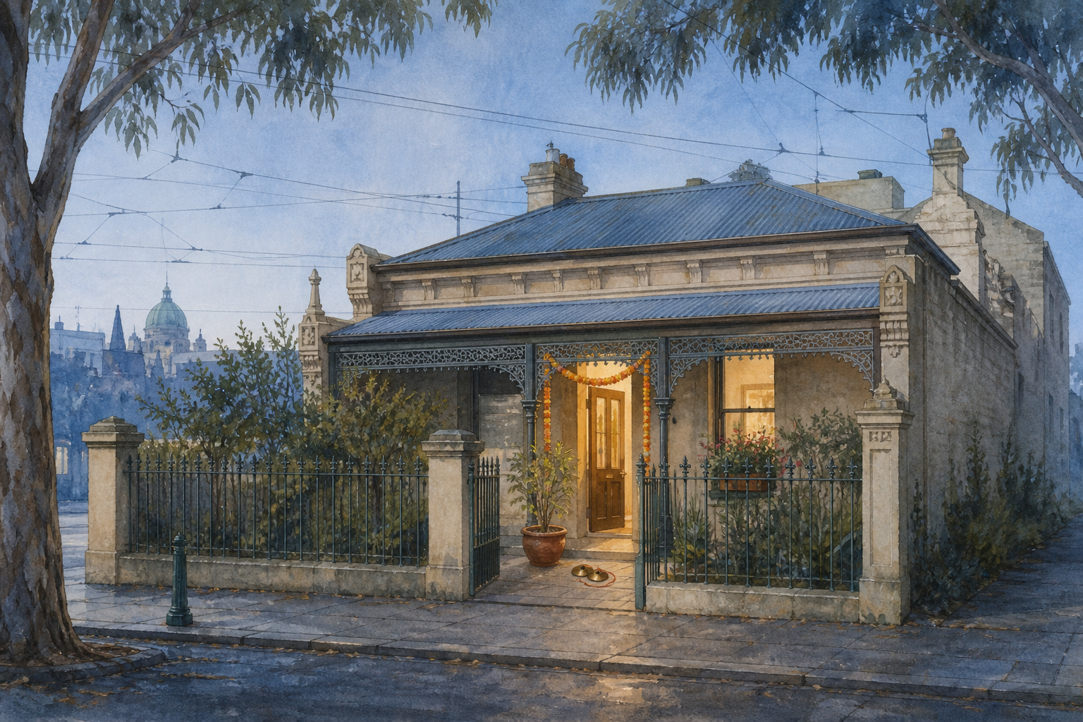 Editorial illustration of an older Melbourne house with a veranda, eucalyptus foliage, tram wires, flower garlands, a tulasi plant, and hand cymbals.