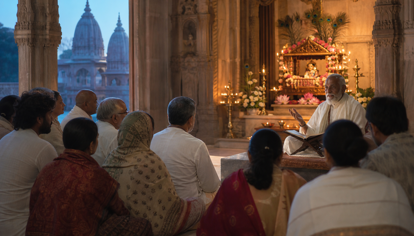 Devotees listen attentively to an elderly Vaishnava monk teaching from an open sacred book in a flower-decorated temple hall at dawn.