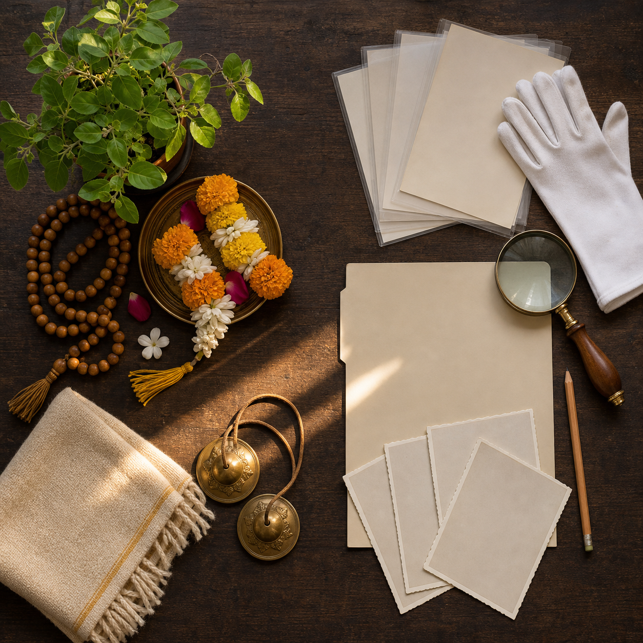 Overhead still life of prayer beads, flower garlands, cymbals, a tulasi plant, archival gloves, photograph sleeves, a folder, and a magnifying glass.