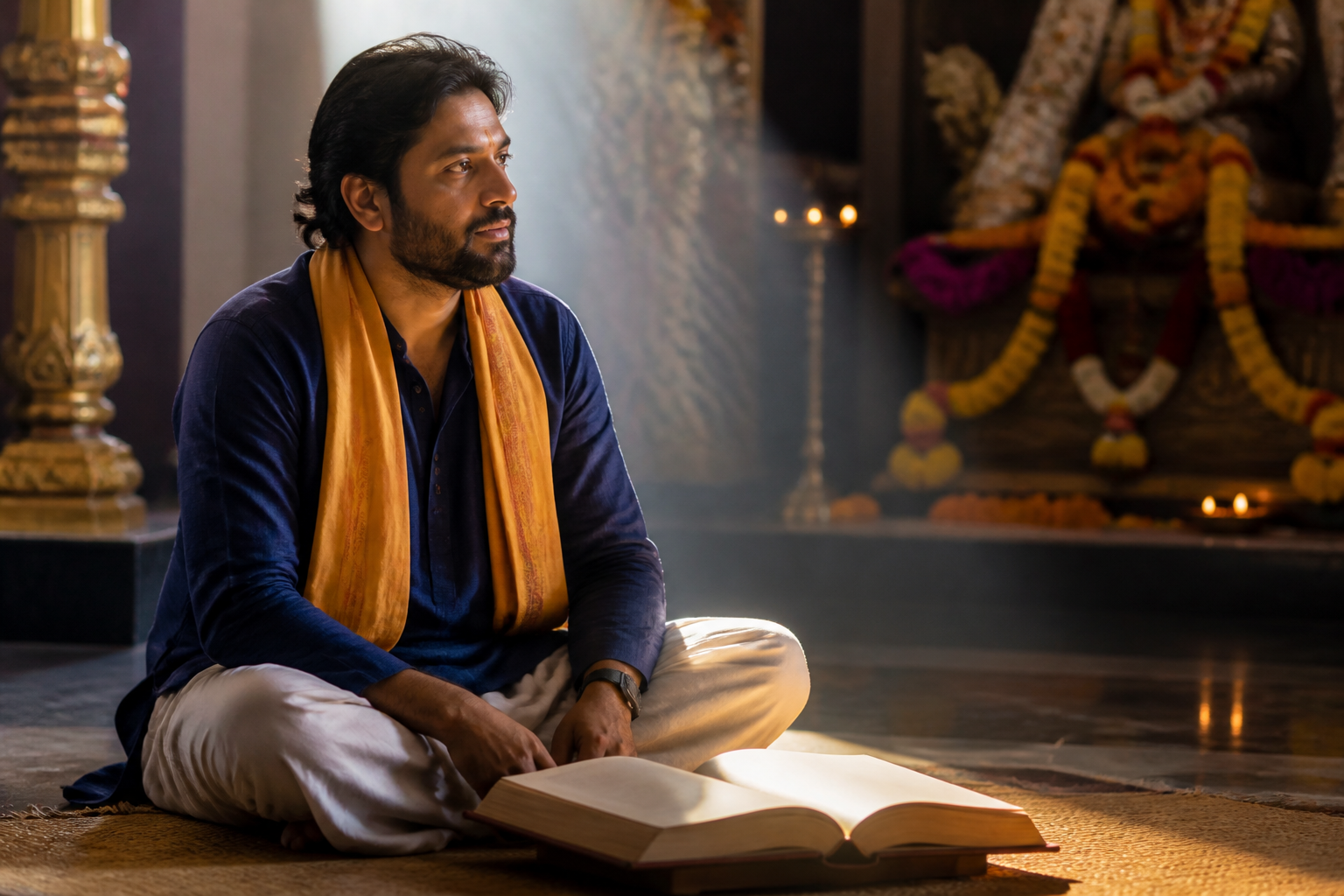 A seated devotee listens toward an unseen speaker as morning light falls across an open sacred book in a softly decorated temple.