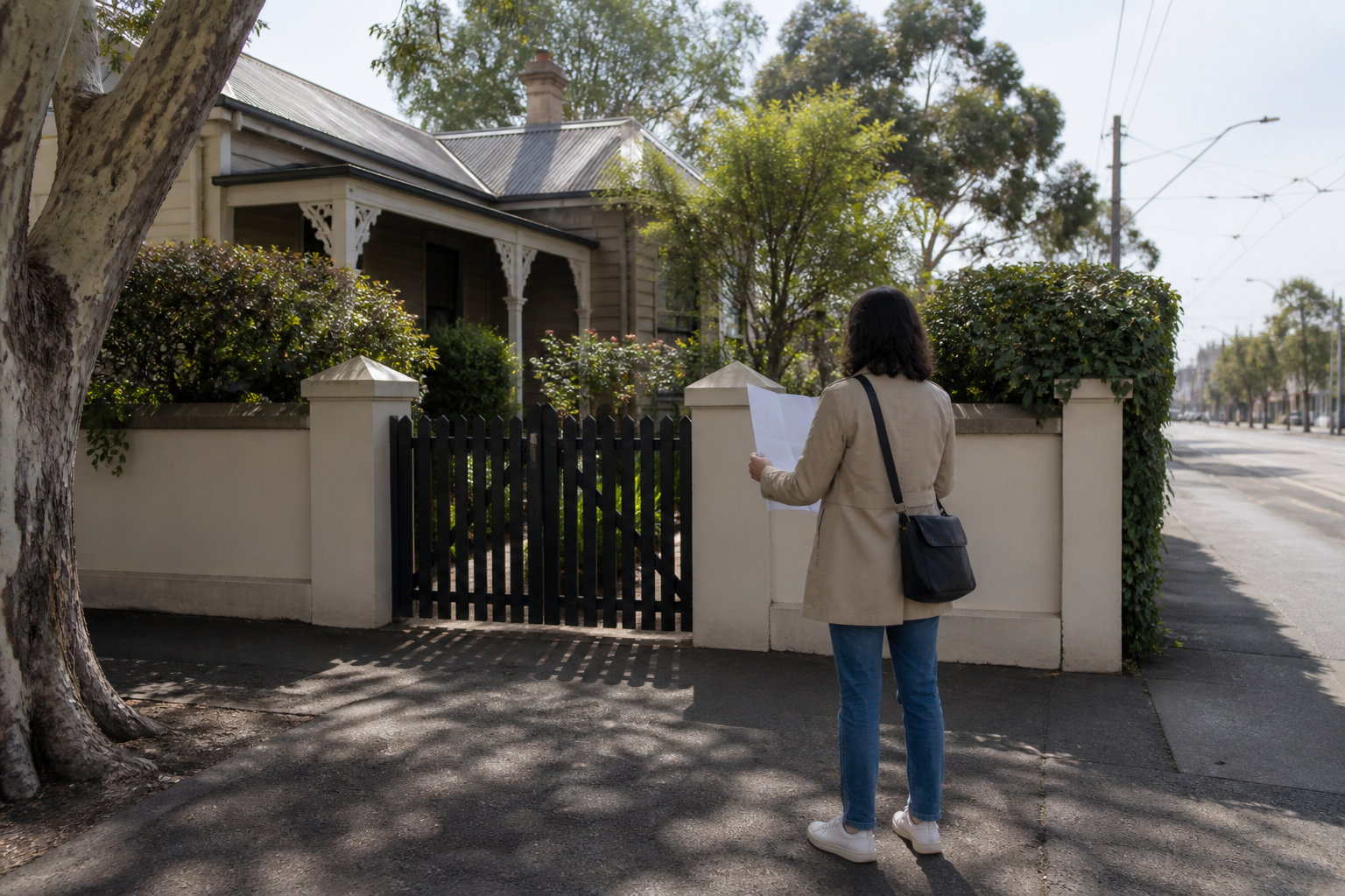 A visitor holding a folded map stands on a Melbourne footpath outside the closed garden gate of an older house.
