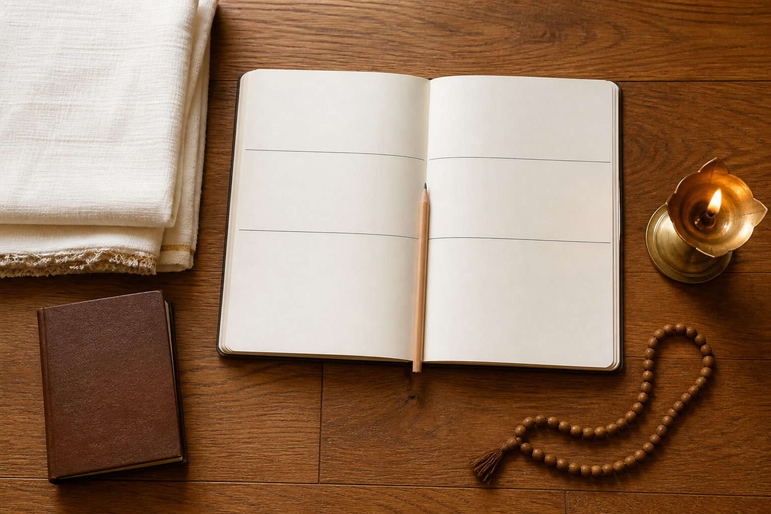 An open notebook divided into three blank sections lies beside a closed book, an oil lamp, prayer beads, and a pencil.