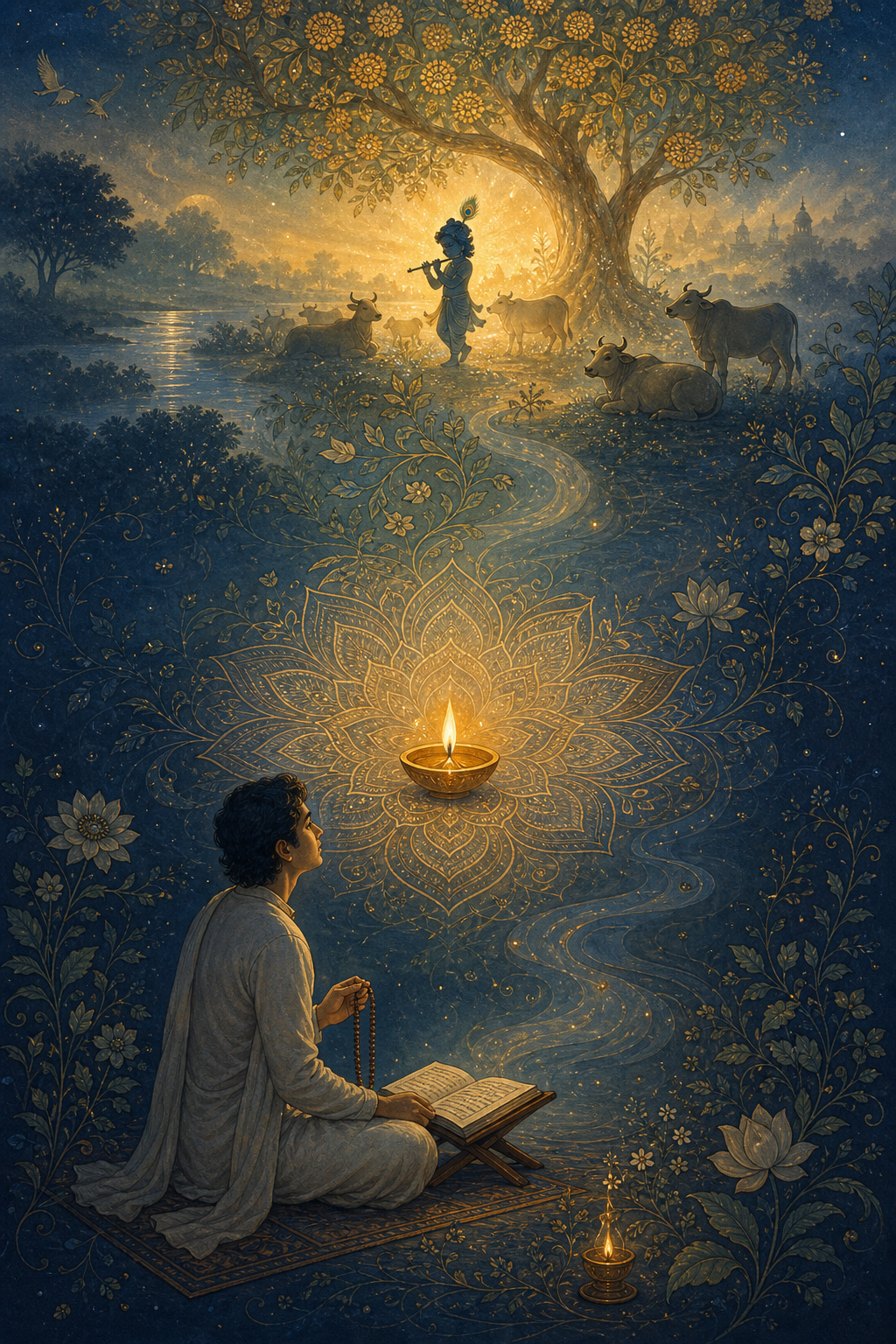 A layered devotional illustration connects a listener with prayer beads, a lotus and lamp, and a luminous pastoral vision of child Krishna beneath a tree.