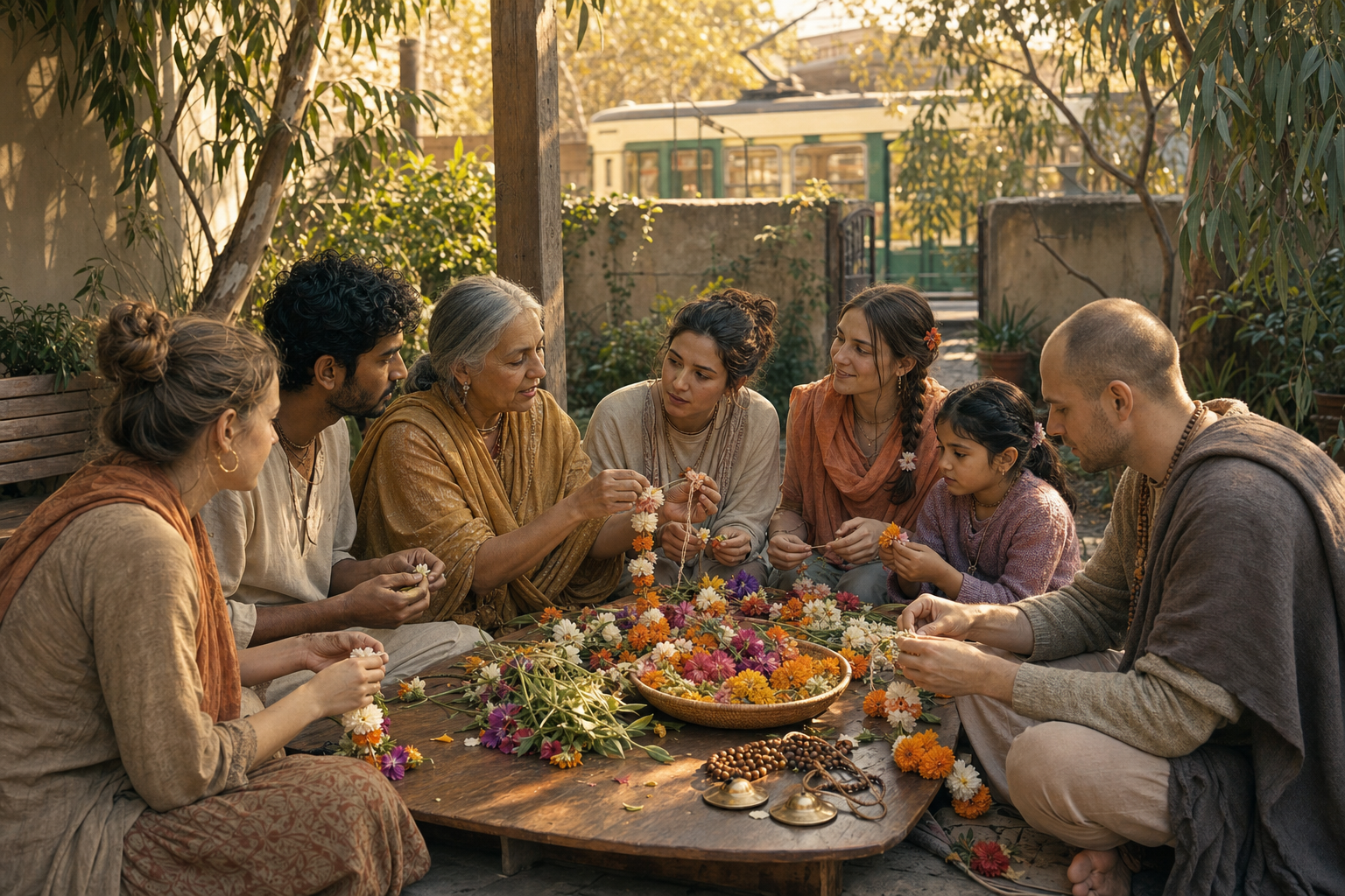 A multigenerational group makes flower garlands together in the courtyard of an older Melbourne community house.