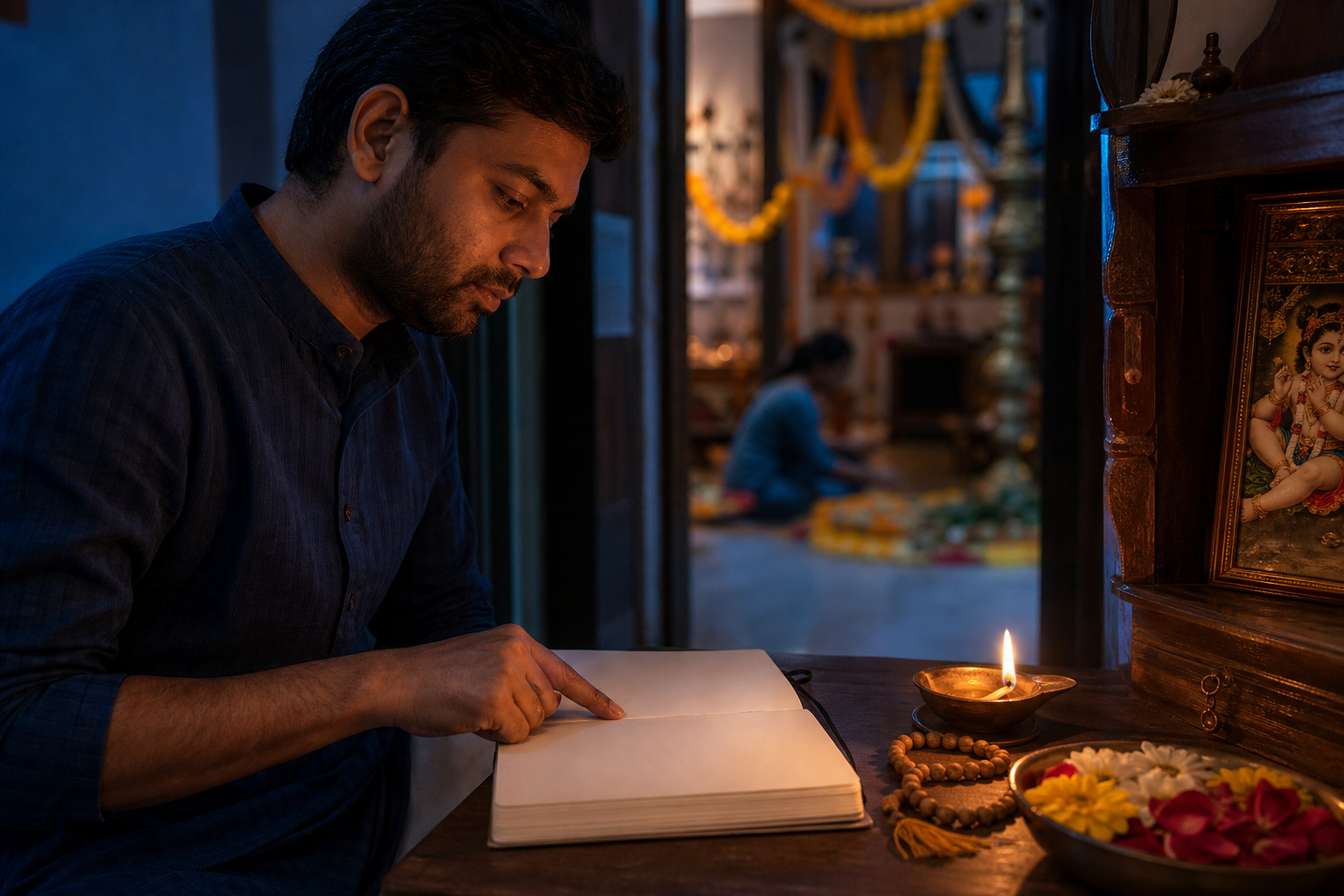 A devotee revisits a single place in a notebook beside prayer beads, flowers, and an oil lamp at a home prayer corner in the evening.