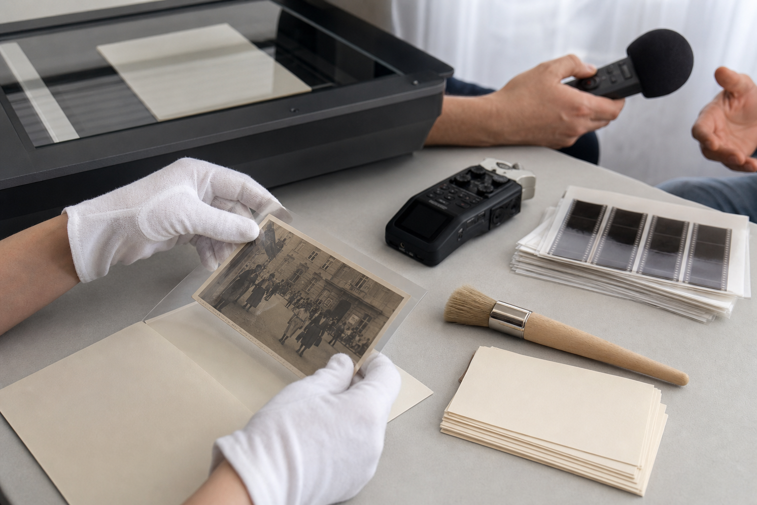 Gloved hands preserve an old community photograph beside a scanner, audio recorder, conservation brush, negative sleeves, and blank archival cards.