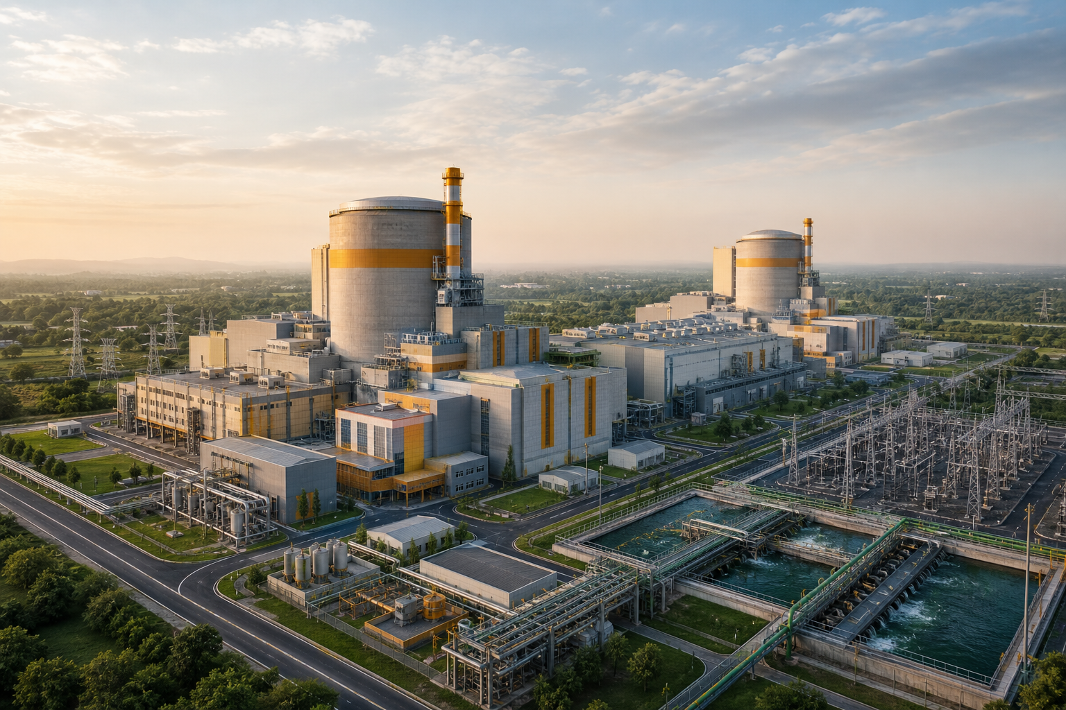 Elevated view of a standardized two-unit pressurised heavy water reactor complex with cylindrical reactor buildings, turbine halls, a switchyard and cooling infrastructure in an Indian landscape.
