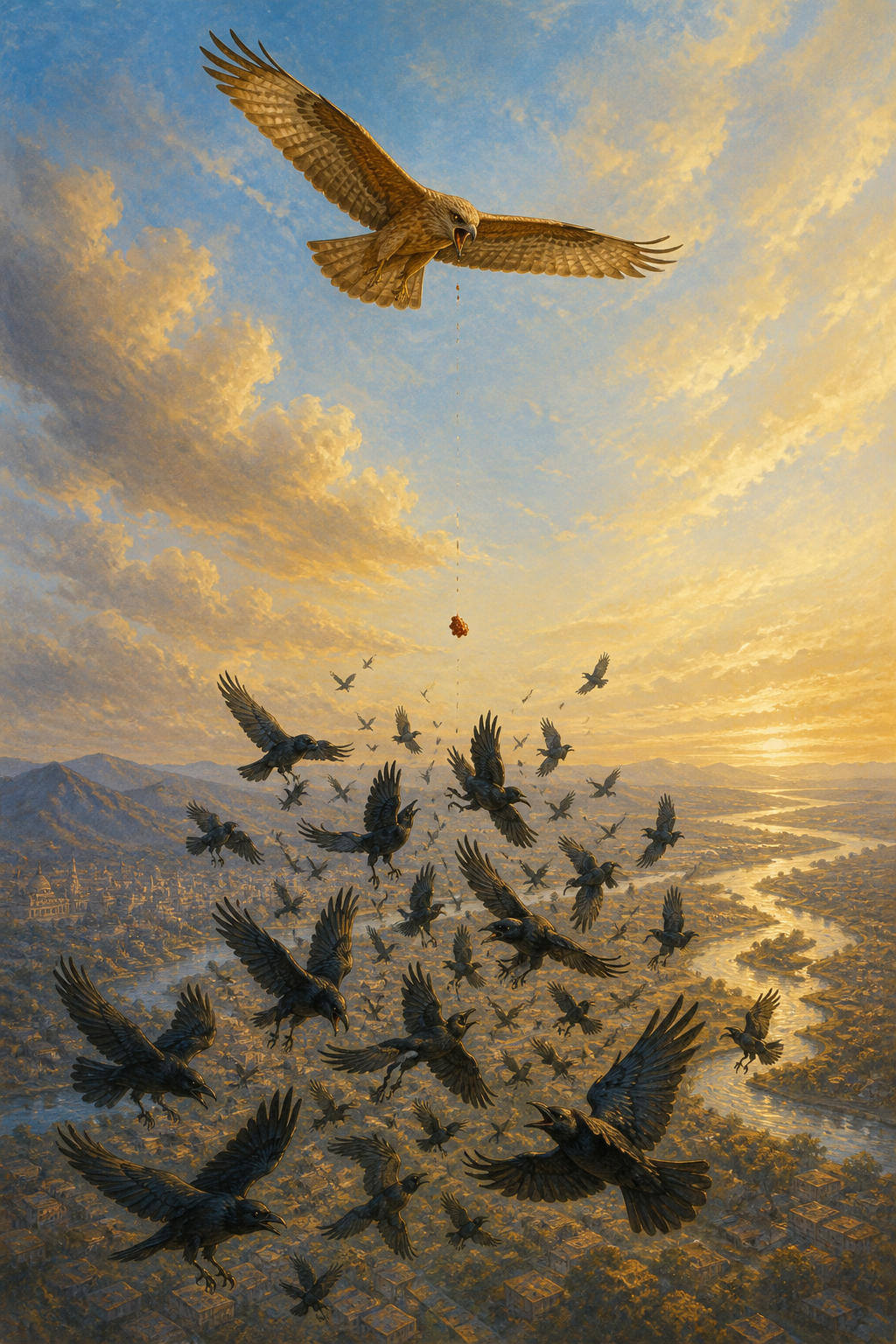 A hawk releases a piece of meat in midair as a flock of crows dives after it above a sunlit river plain.
