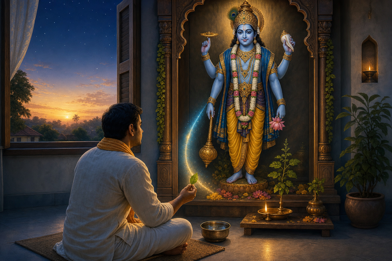 A householder offers a tulsi leaf before a four-armed Vishnu murti in a modest home shrine as dawn light enters through a window.
