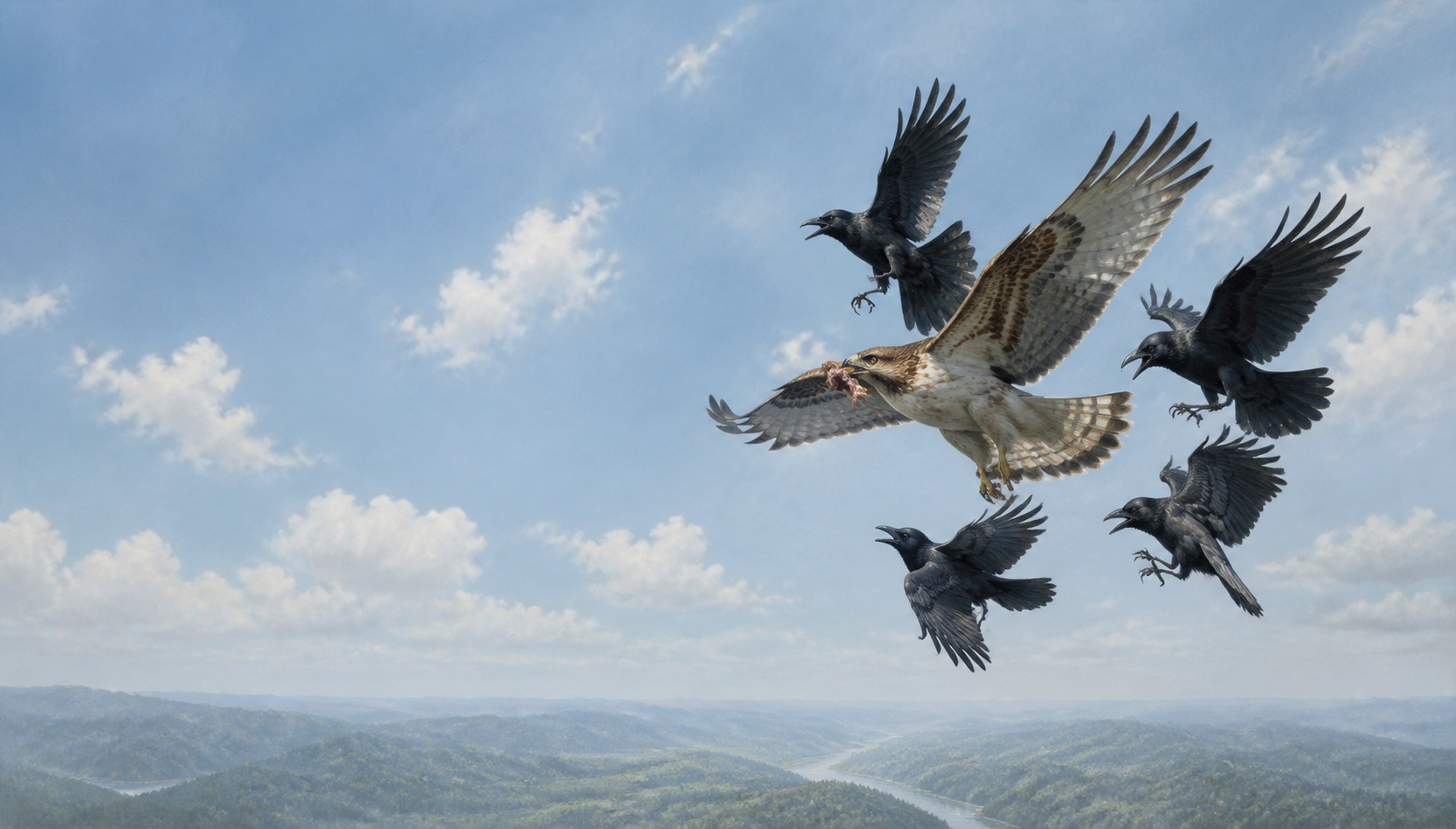 Crows surround a hawk carrying a piece of meat while the birds fly through a wide, unobstructed sky.