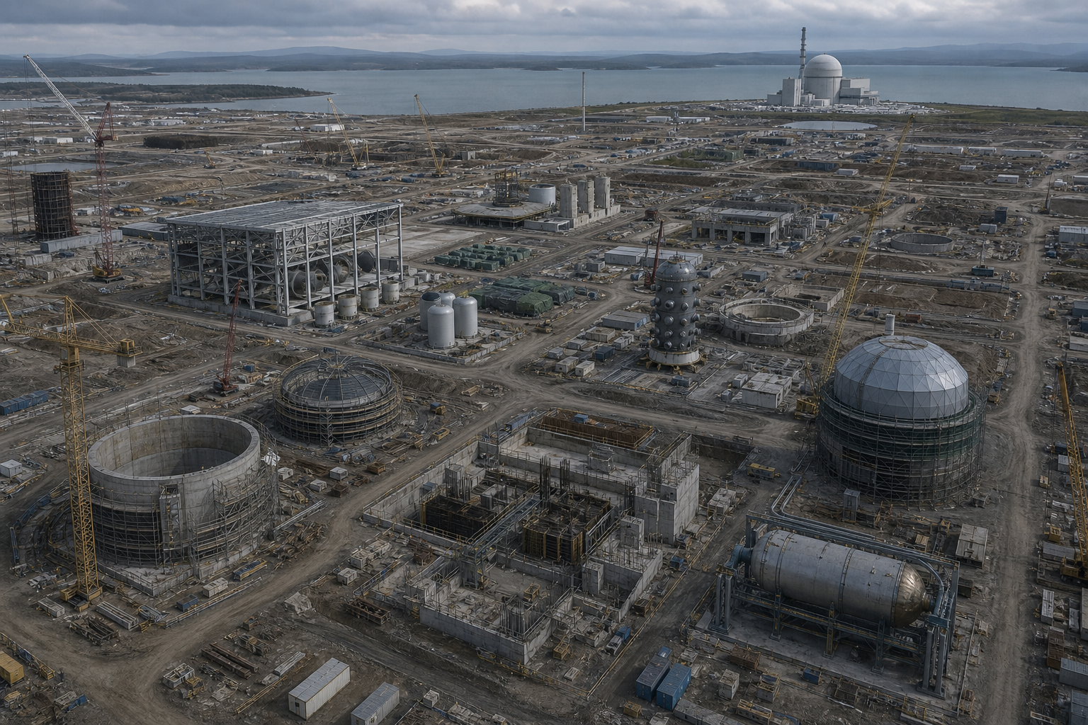 A large industrial development yard containing several generic small-reactor concepts at incomplete stages, from foundations and exposed vessels to partially built containment structures.