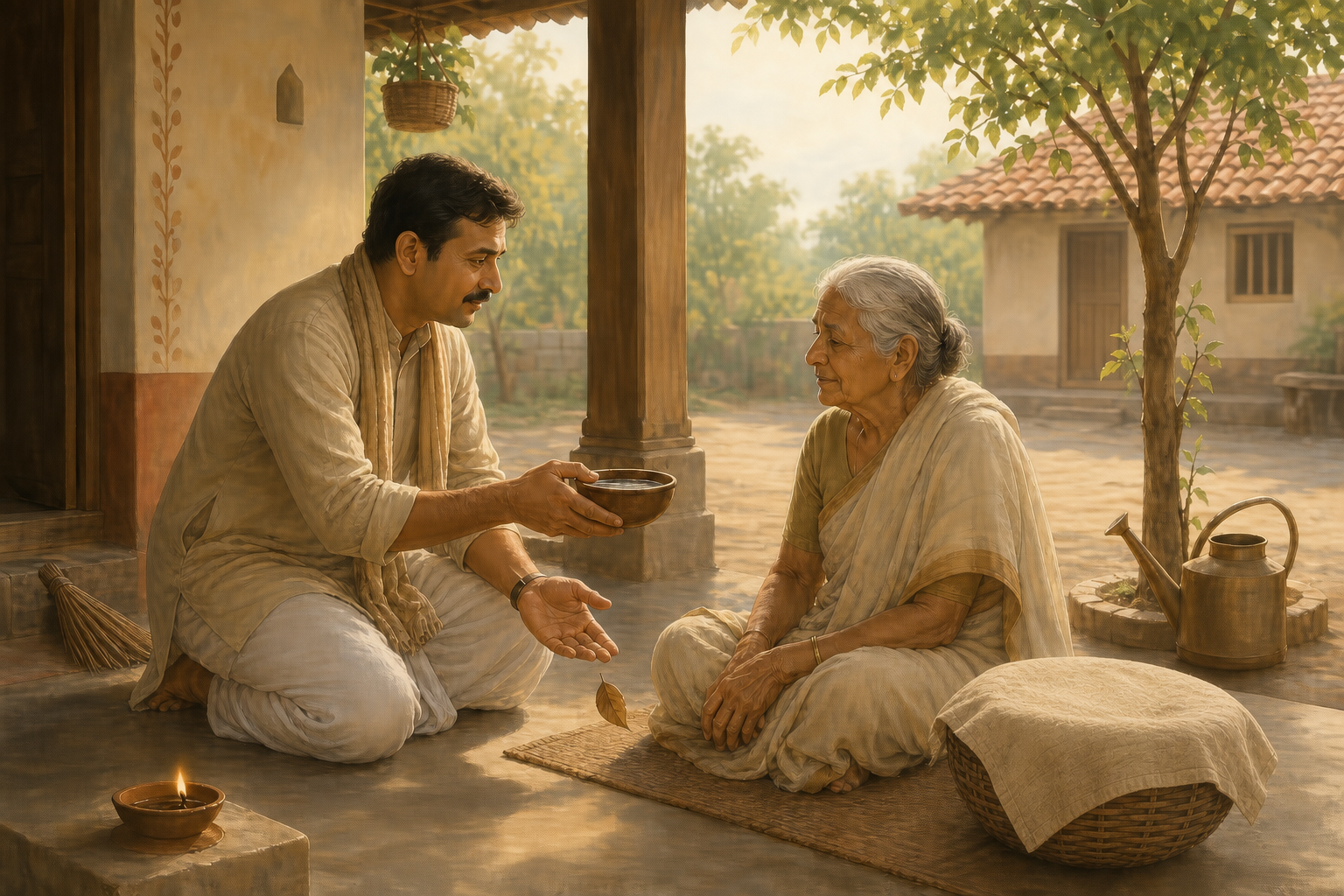 A householder offers water to an older adult in a courtyard while a dry leaf falls from an open hand beside tools of daily care.