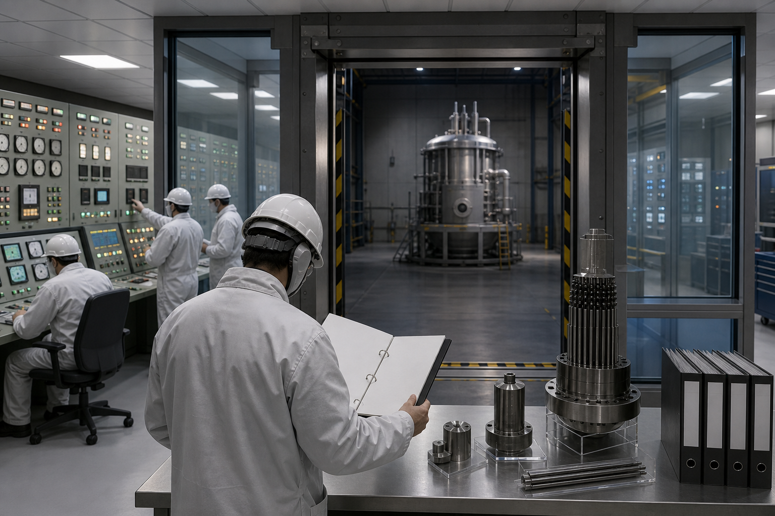 Engineers and an inspector review equipment at a secure facility threshold, with an established reactor control area on one side and an untested compact reactor mock-up beyond it.