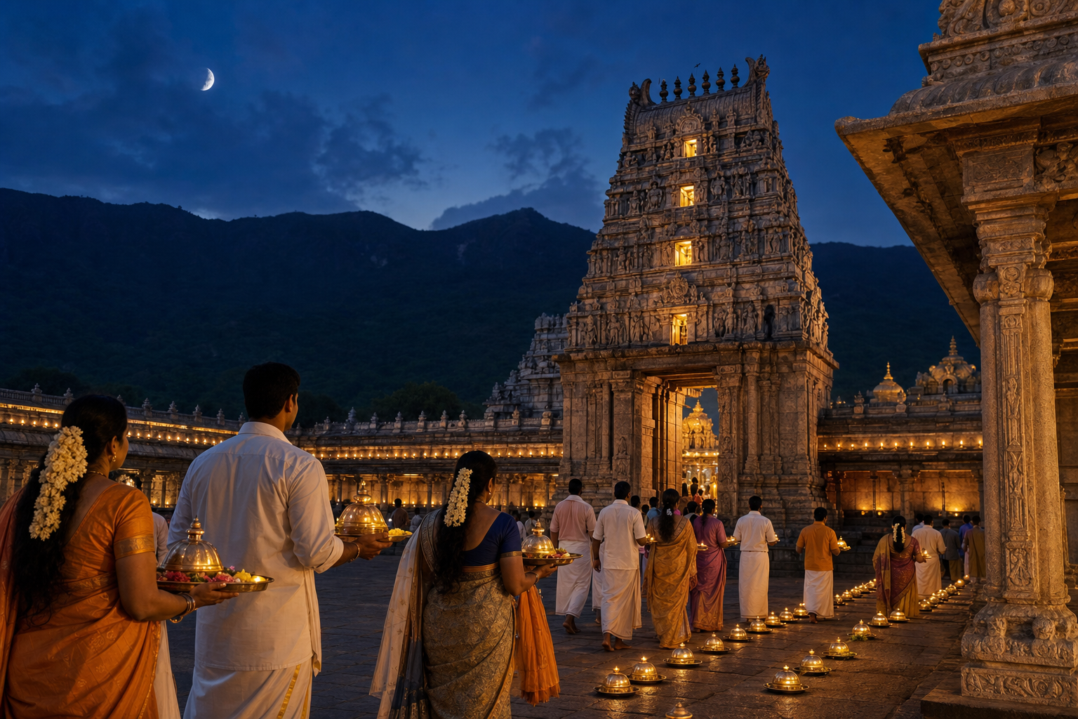 Pilgrims carrying flower offerings and oil lamps approach a South Indian Shiva temple in Tirupati beneath an indigo night sky.