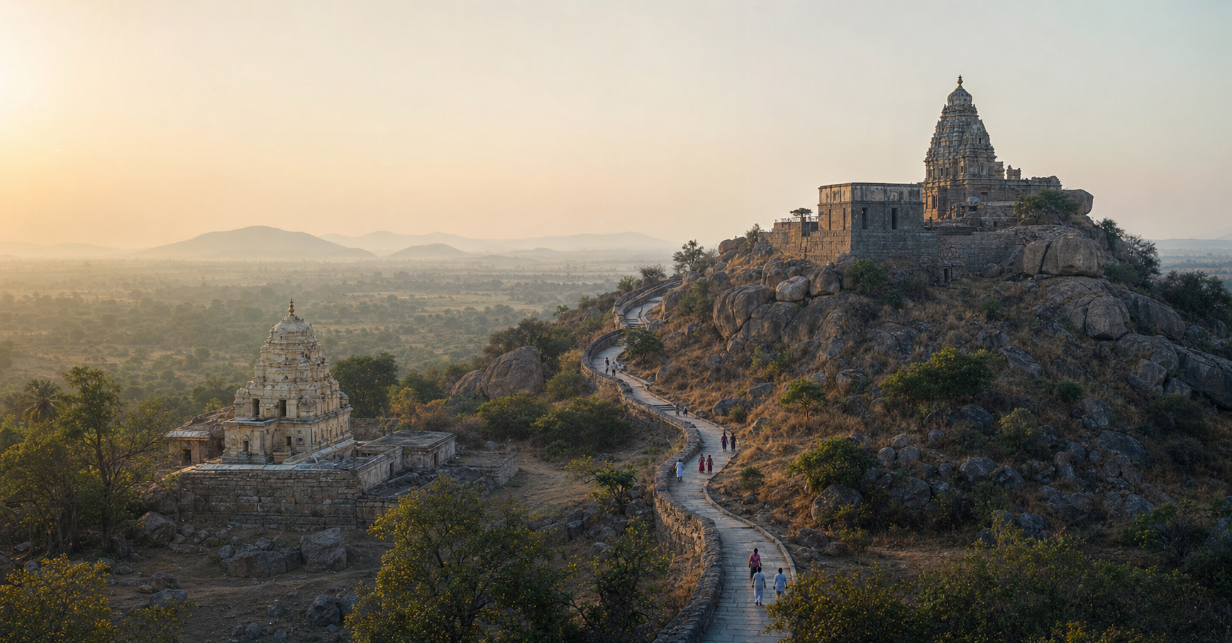 Sunrise over a rocky South Indian temple landscape, with an upper temple, a lower shrine, and pilgrims following the path between them.
