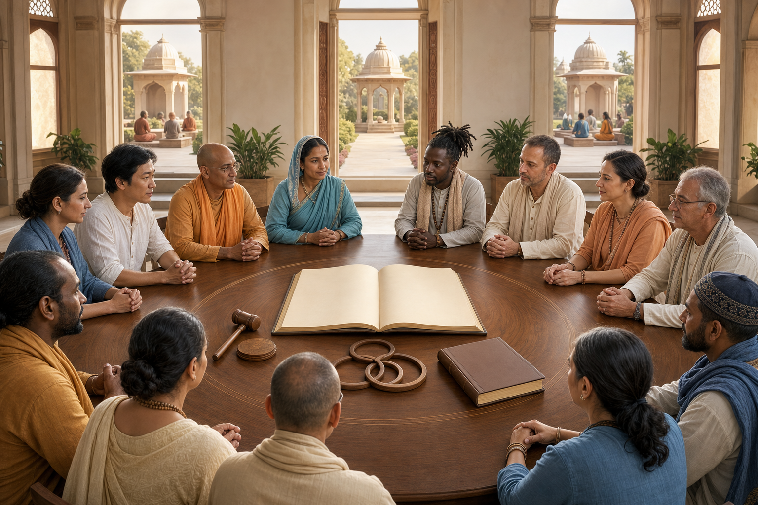 Devotees and administrators sit in a circle around a temple council table with an open blank document, a gavel, a seal, and record books.
