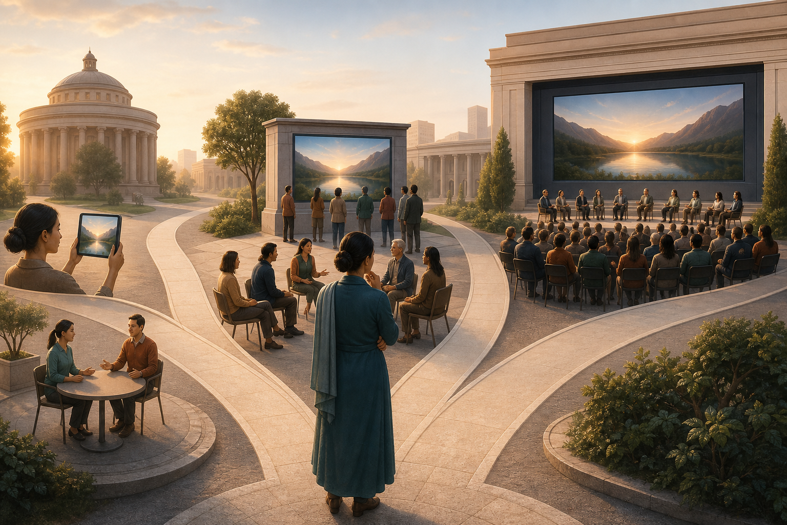 A peaceful advocate considers increasingly broad responses beside media displays that range from a small screen to a cinema-like facade.