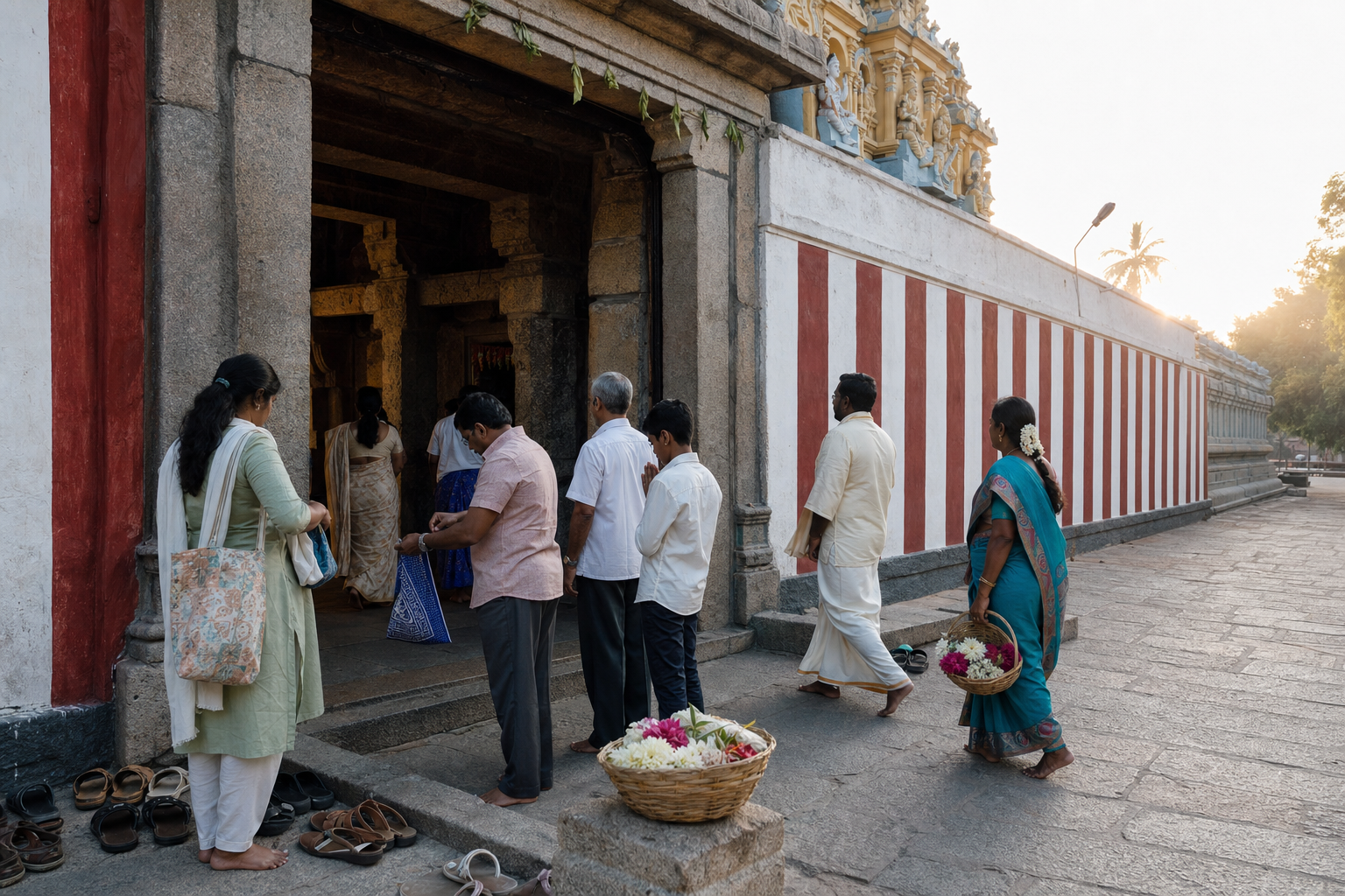 Visitors leave footwear outside and wait quietly at the granite entrance while worshippers enter the temple.