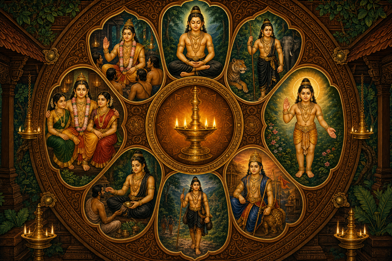 Eight arched niches show Lord Ayyappa as a yogi, teacher, guardian, child, protector, pilgrim, healer, and householder with two consorts.