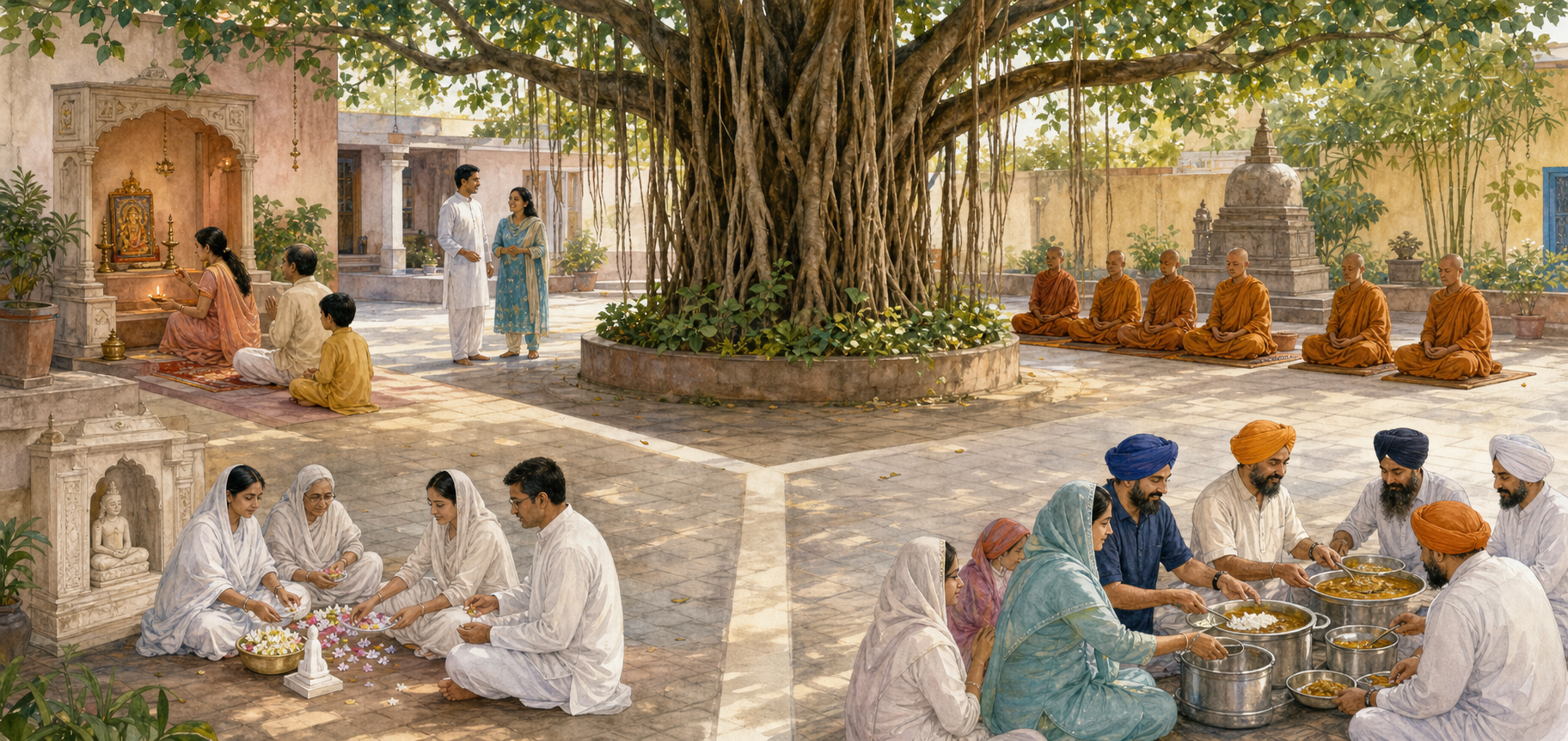 Hindu, Buddhist, Jain, and Sikh practitioners occupy separate areas of a shared banyan-shaded courtyard, with Sikh volunteers serving a communal meal.