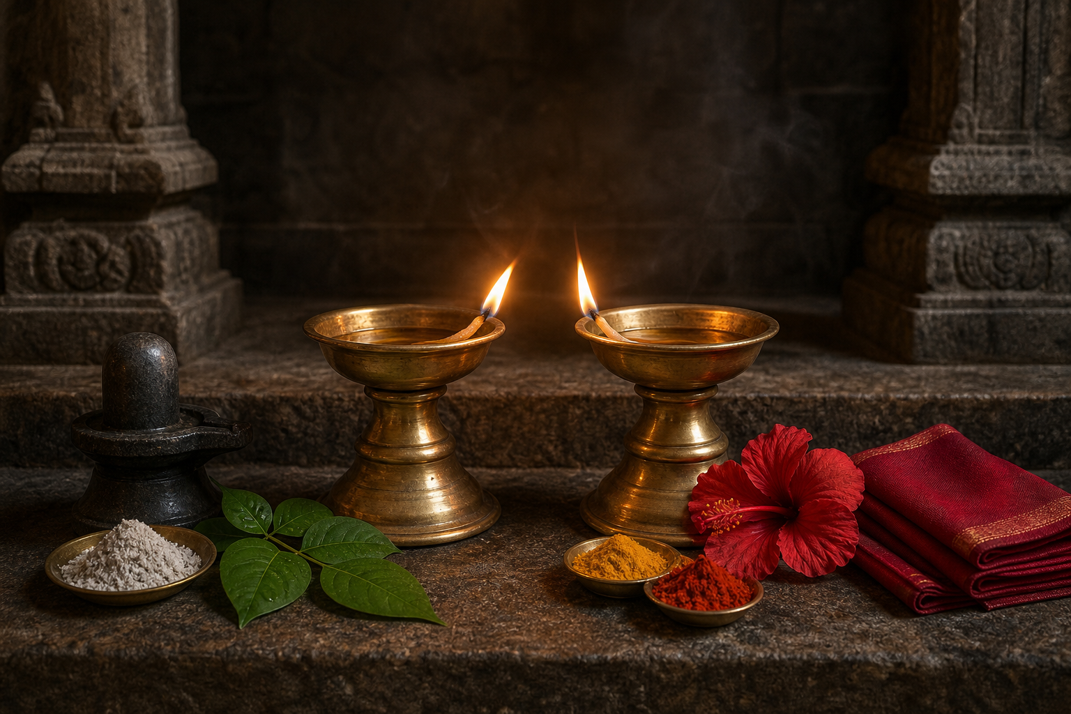 Two brass lamps burn beside Shiva and goddess offerings on a shared granite platform inside a temple.