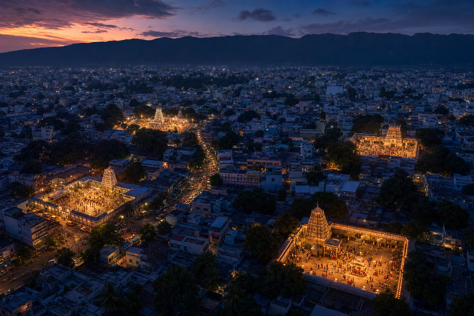 An elevated view of Tirupati shows pilgrims gathering at four separate illuminated venues across the city at night.