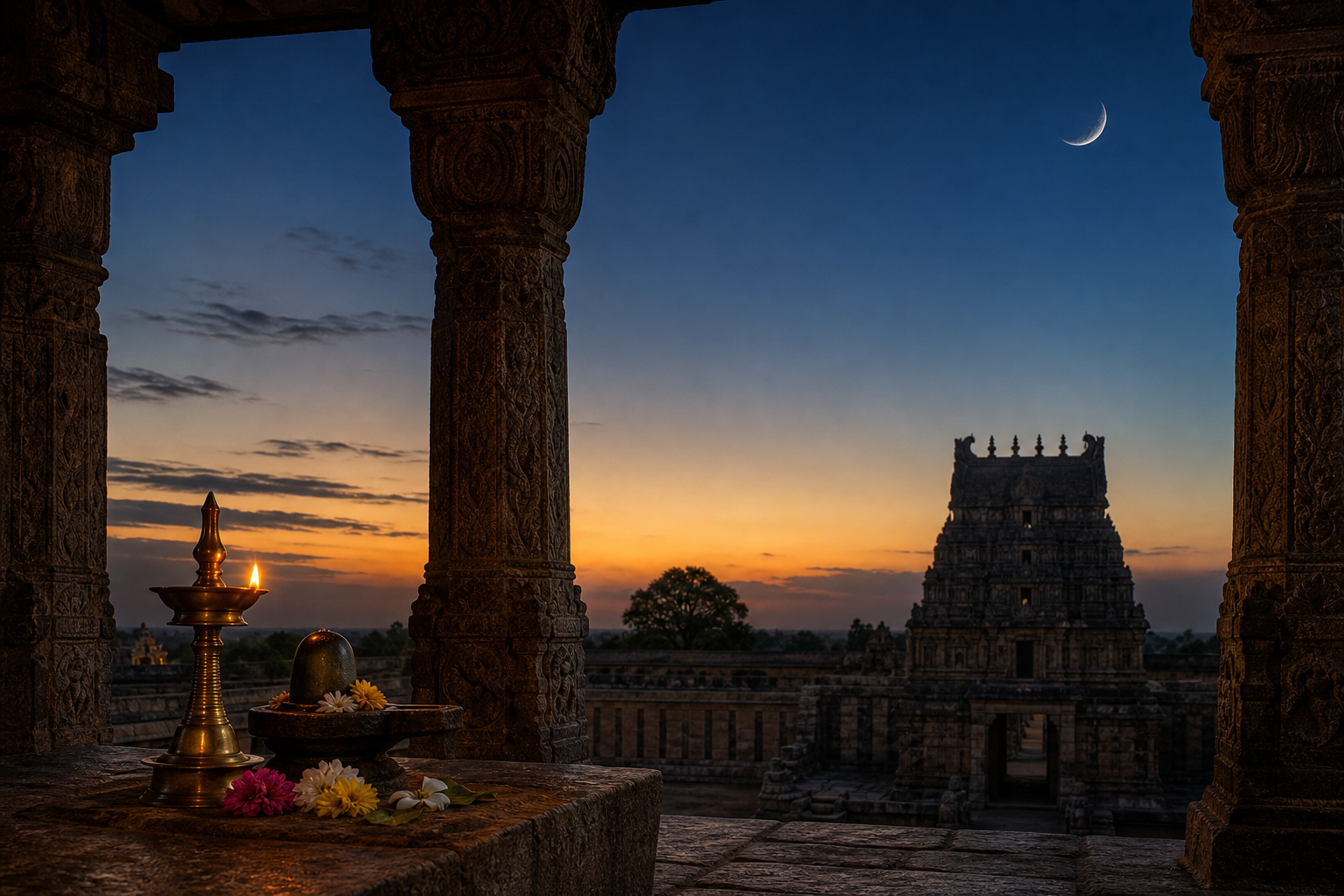 A glowing oil lamp and flower offering sit beside a stone temple pavilion as the twilight sky darkens around a waning crescent moon.