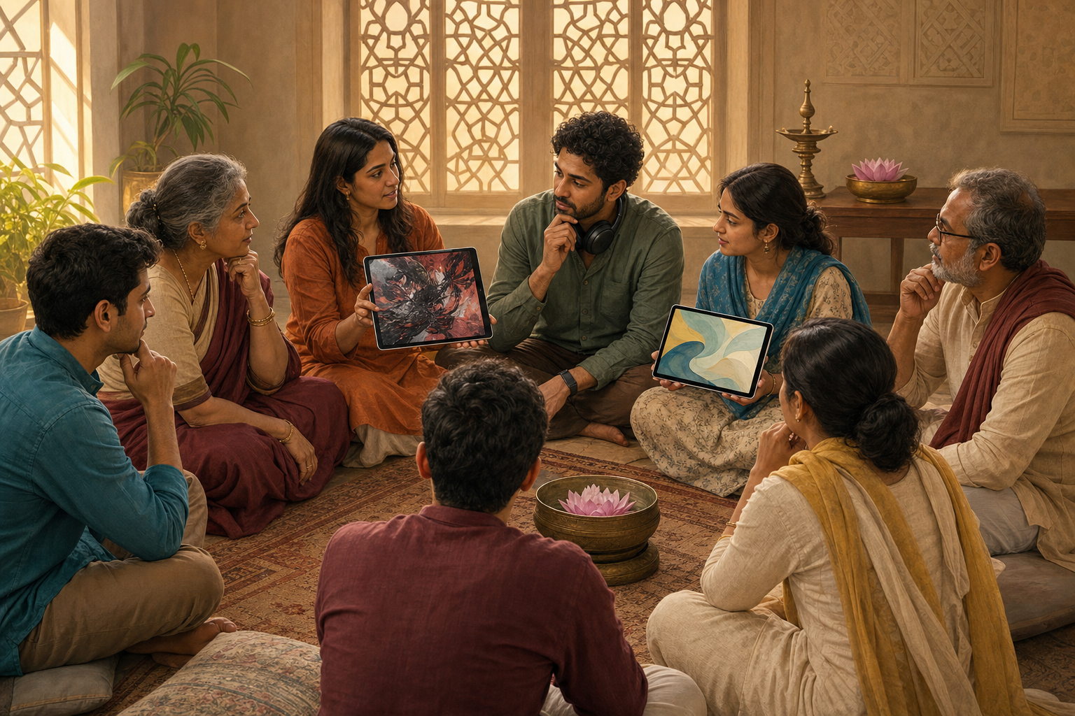 Community advocates and media representatives hold a calm dialogue around a tablet, with a brass oil lamp and lotus in the background.