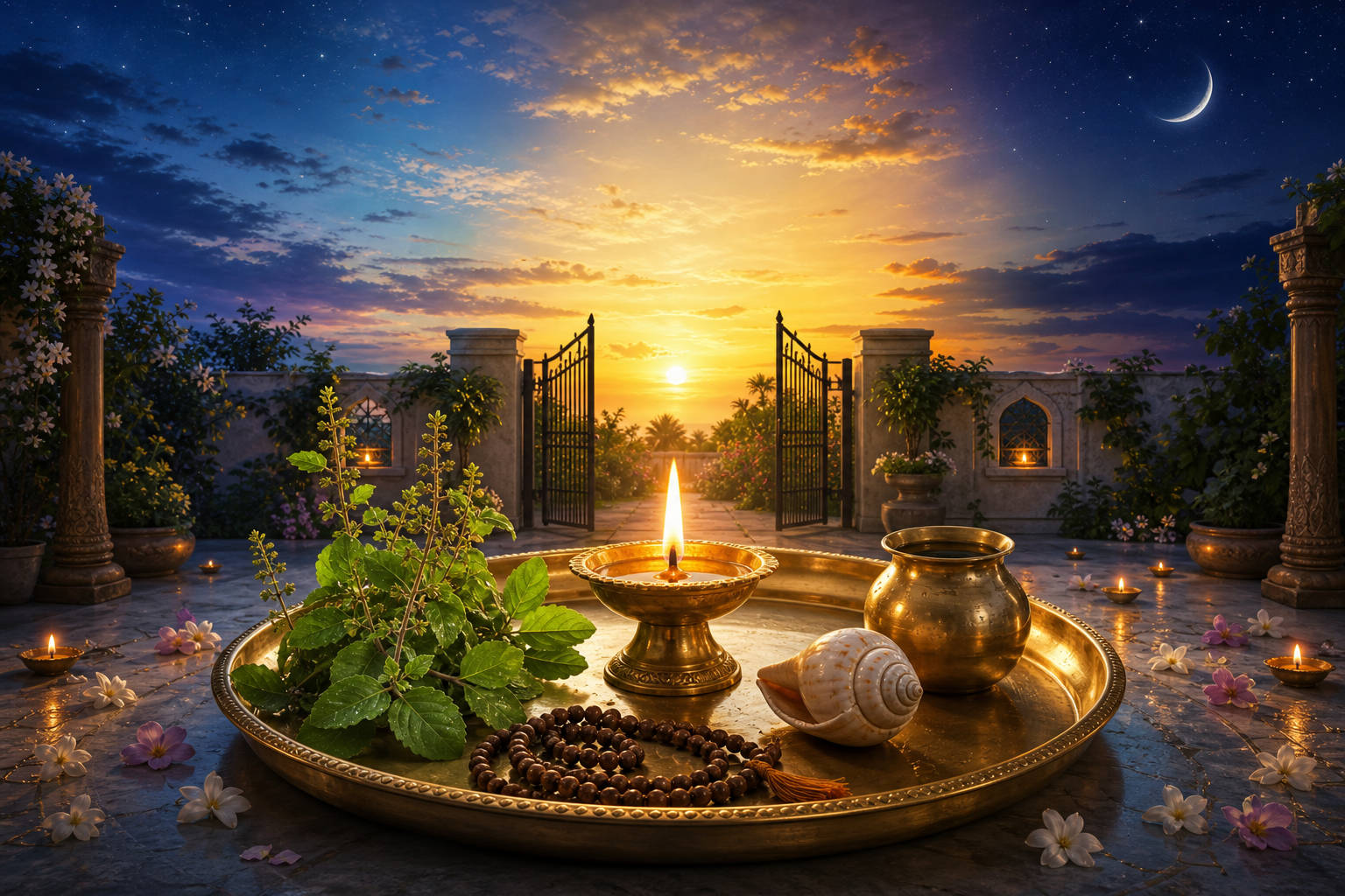 A brass worship tray with a steady oil lamp and devotional objects sits beneath a sky that transitions from dawn to evening beside an open gate.