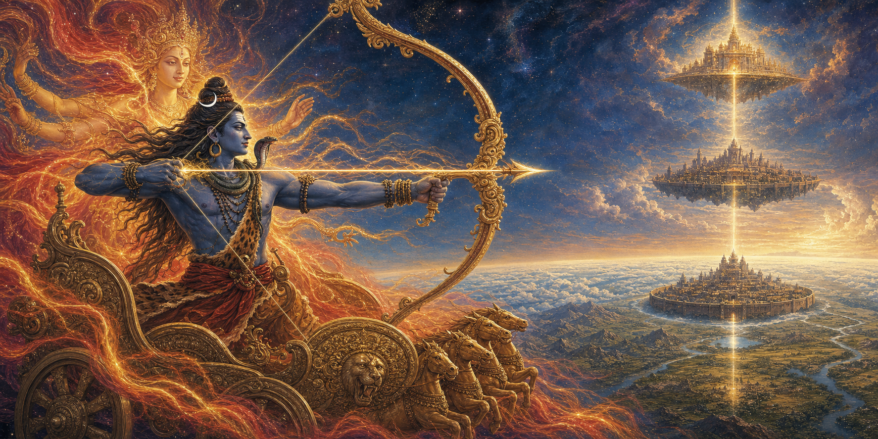 Shiva draws a great bow toward three aligned celestial cities as radiant energy surrounds the chariot.