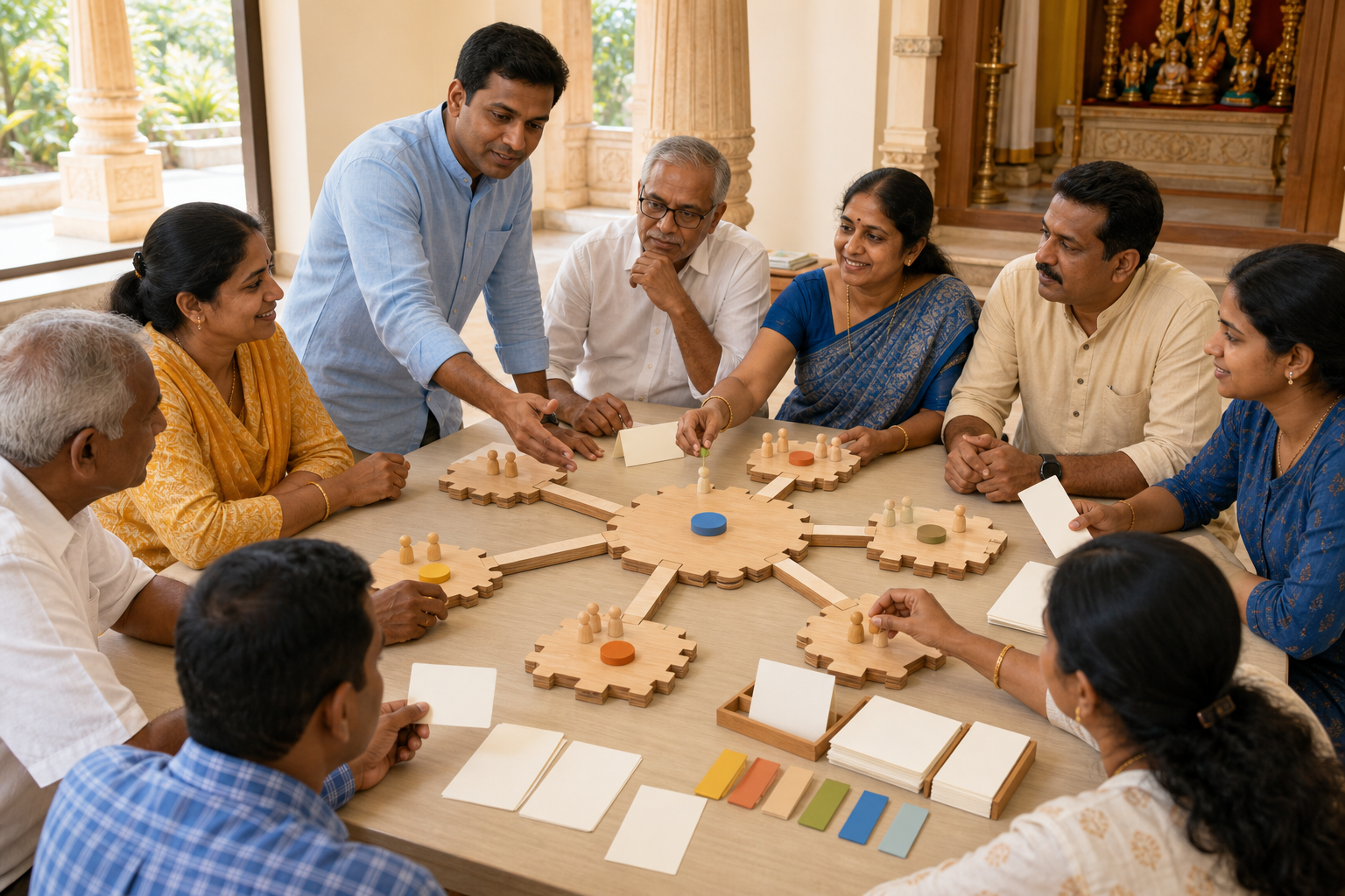 A facilitator and community members use interlocking wooden pieces and blank record cards to practice a governance process.
