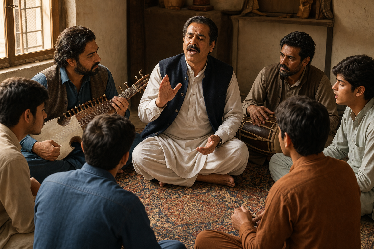 A vocalist leads a close listening exercise with a rabab player, percussionist, and seated students following the melodic phrase and pulse.
