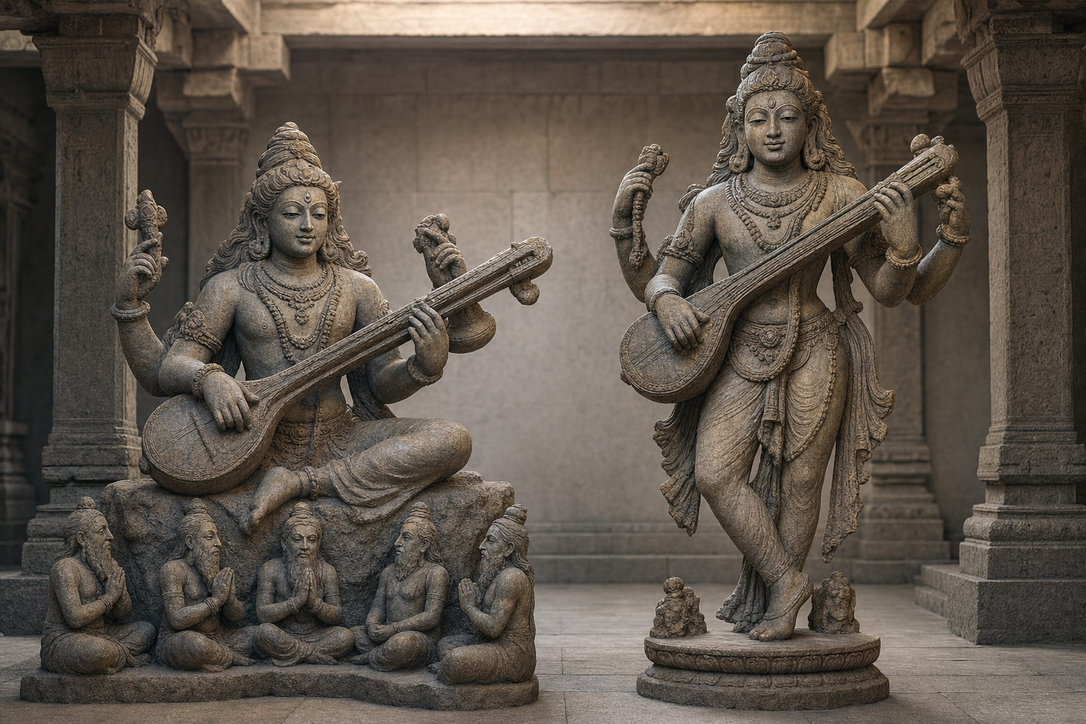 Seated and standing stone forms of Veenadhara Dakshinamurthy are shown side by side holding long veenas.