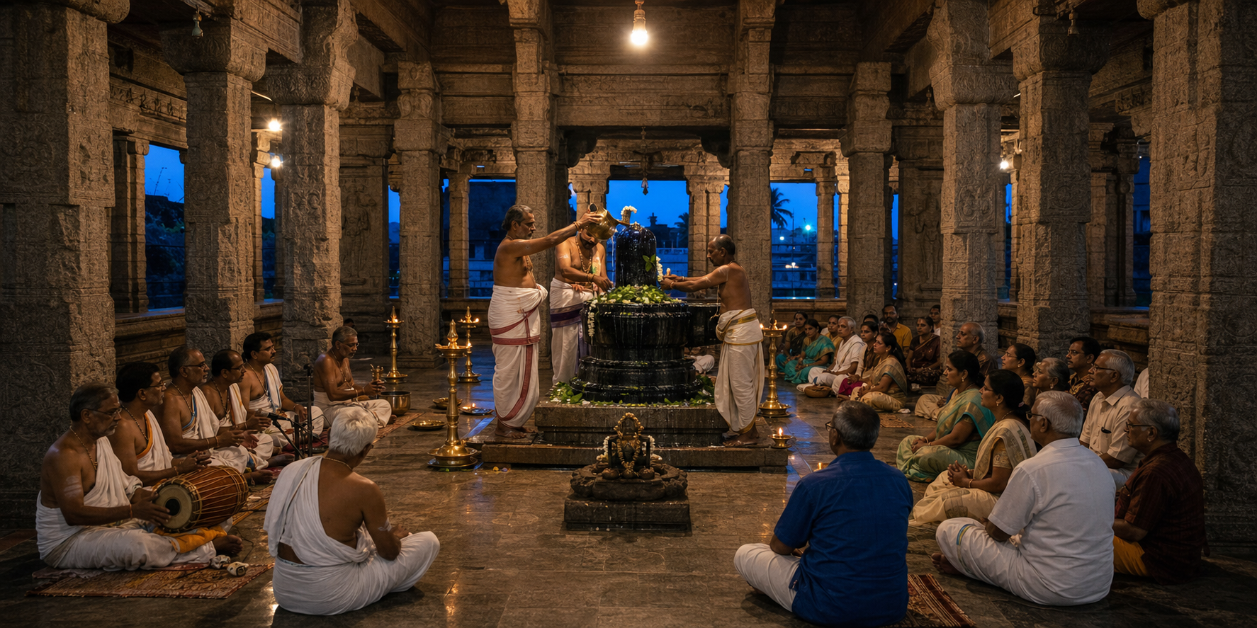 Priests perform abhishekam for a Shiva linga while devotees pray and musicians lead worship in a lamp-lit temple hall.